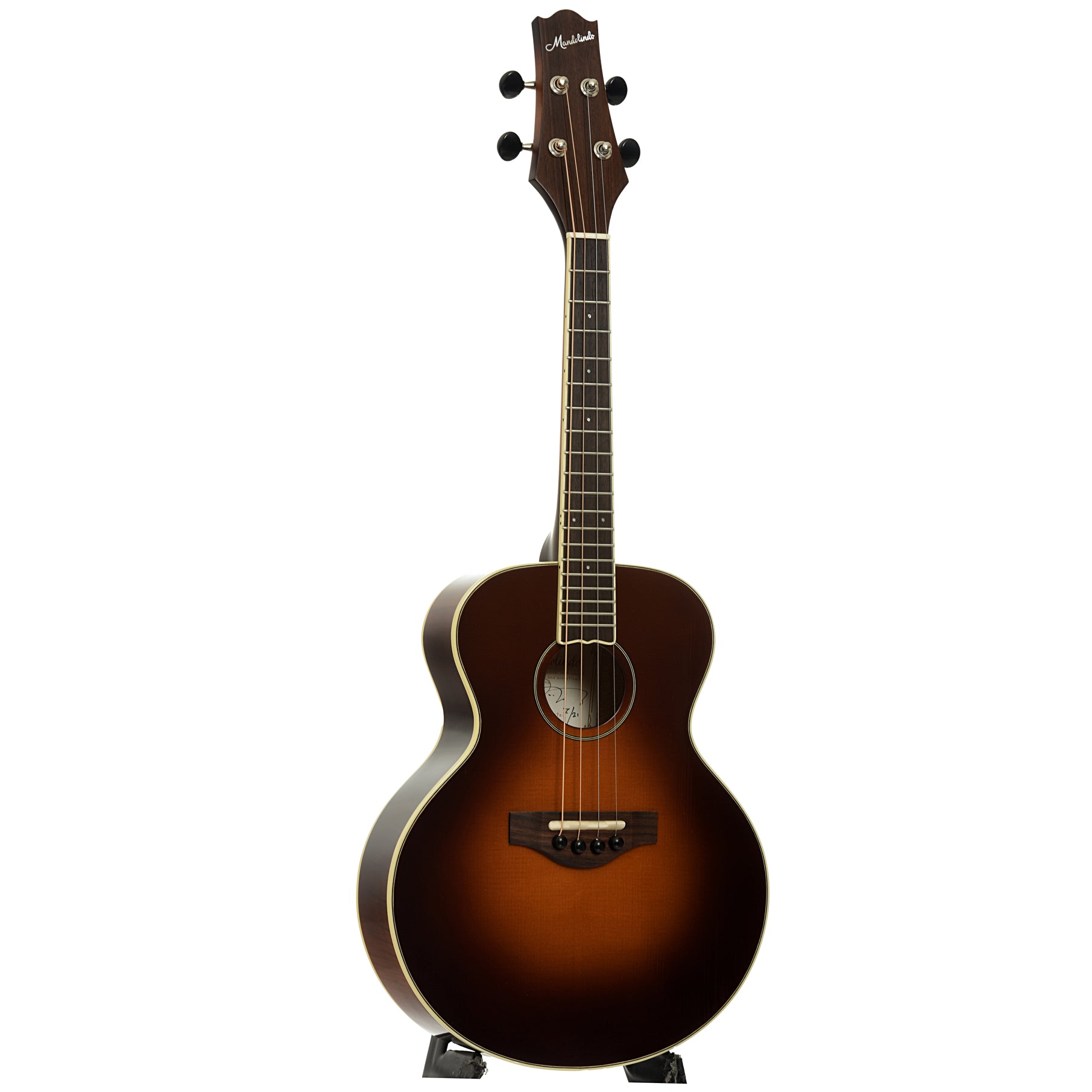 Full front and side of KR Strings Mandolindo Custom Deluxe Curly Maple 