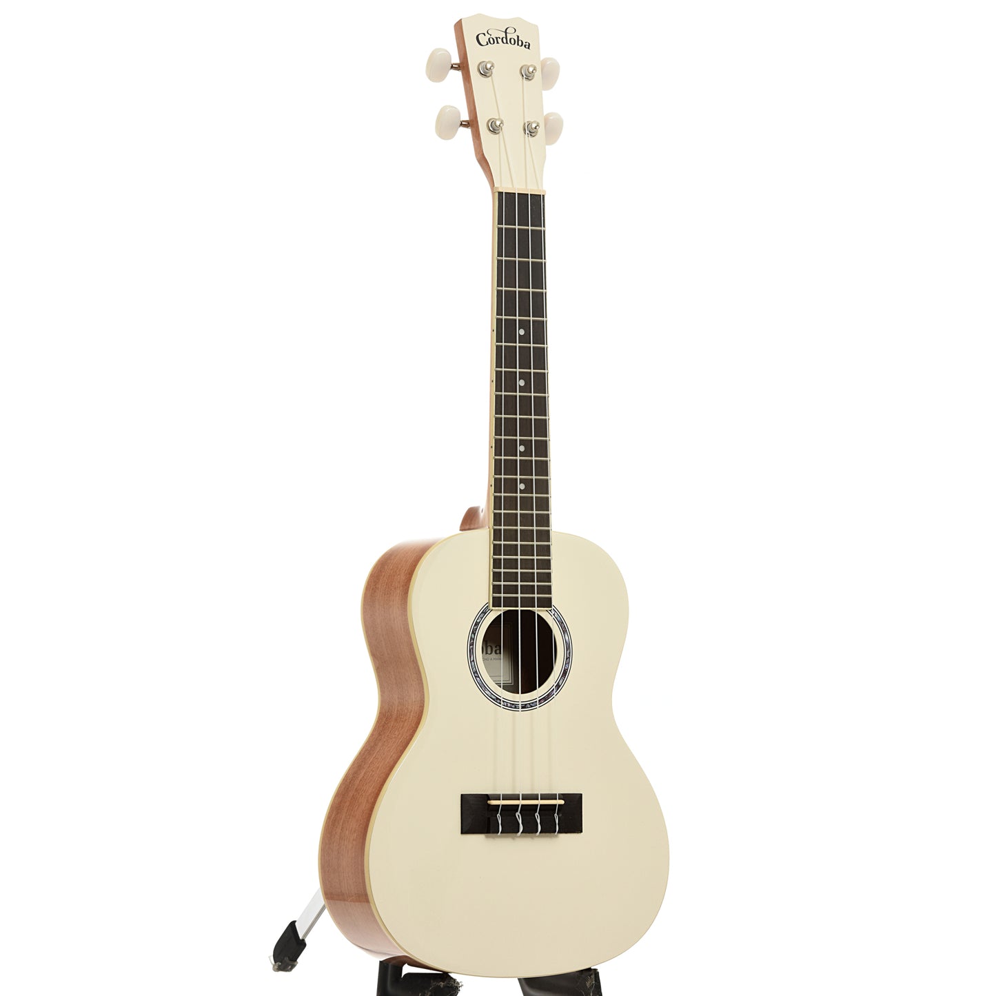 Full front and side of Cordoba 15C Concert Ukulele, Mallorcan Pearl