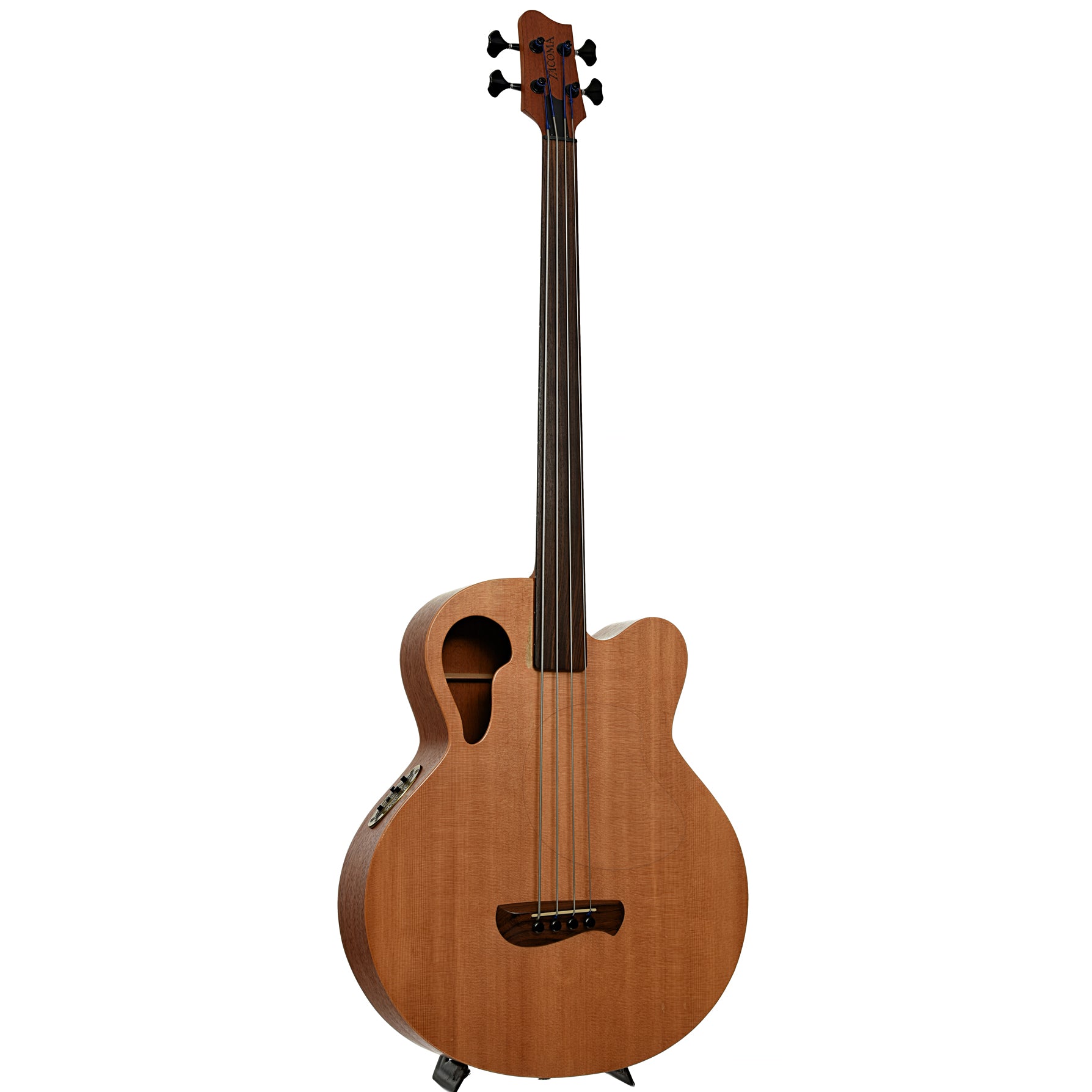 Full front and side of Tacoma CB10C Thunderchief Fretless Acoustic-Electric Bass