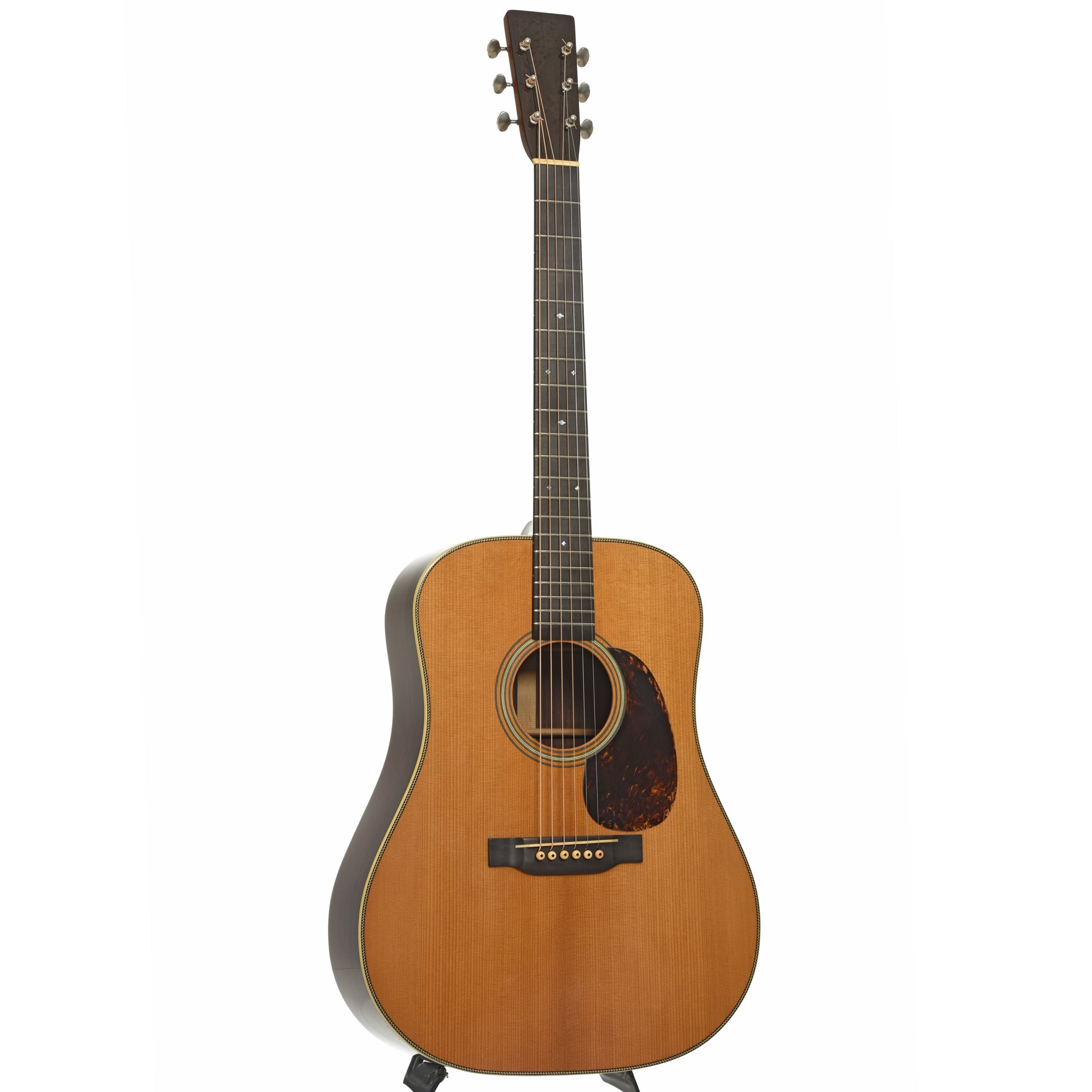 Full front and side of Pre-War Guitars Co. Herringbone Dreadnought East Indian Rosewood Acoustic Guitar, Level 1 Aging