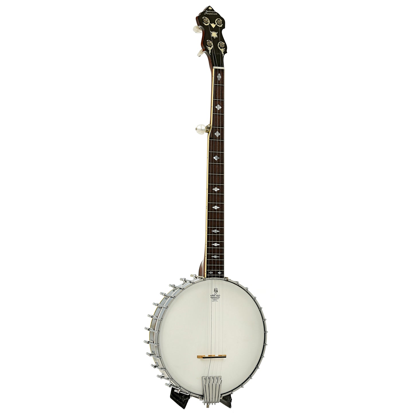 Full front and side of Alvarez Silver Princess Open Back Banjo 