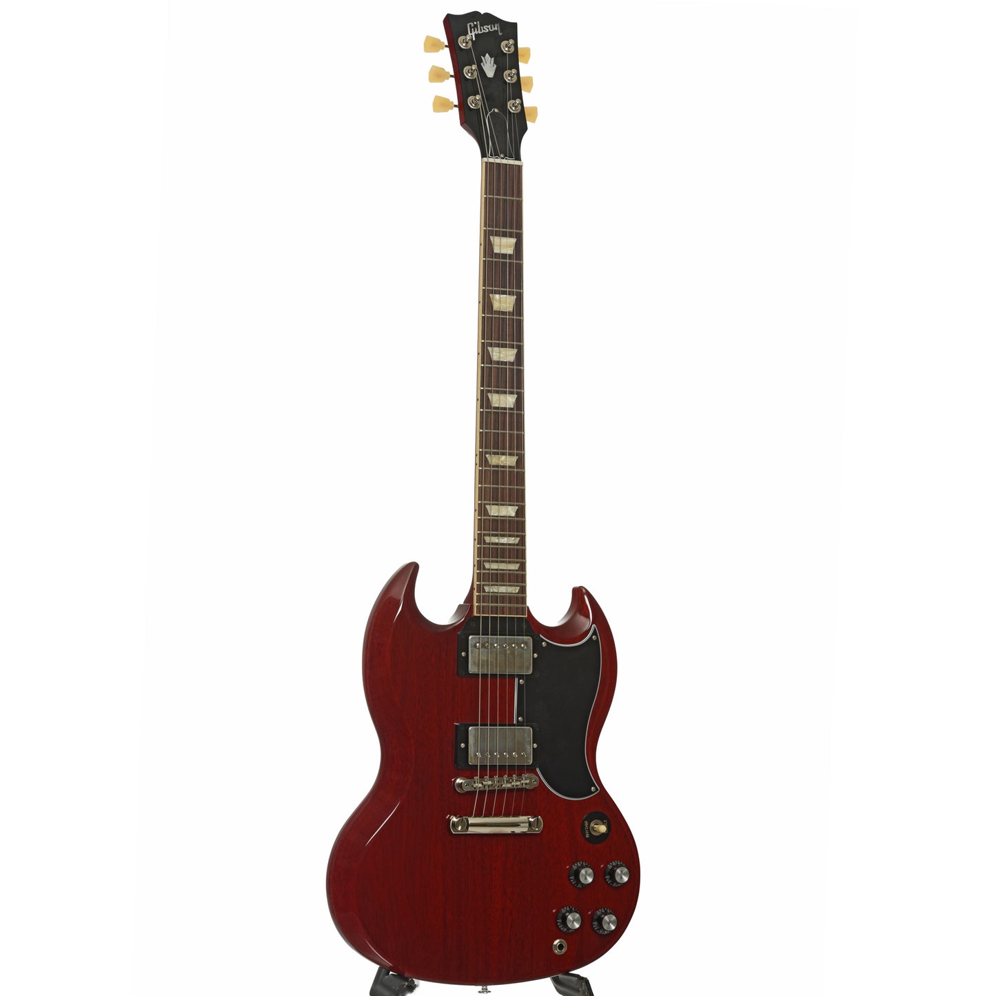 Full front and side of Gibson SG Standard 61 Stop Bar Electric Guitar & Case, Heritage Cherry