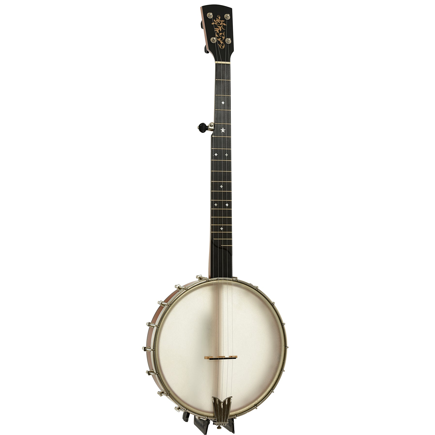 Full front and side of Rickard Little Wonder Cherry 12" Custom Open Back Banjo 
