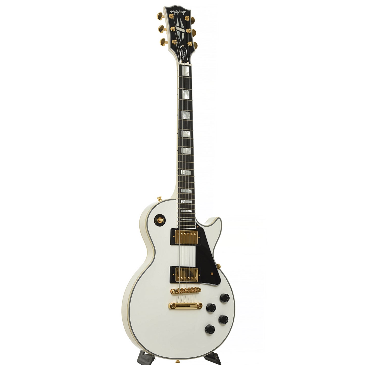 Full front and side of Epiphone IGC Les Paul Custom Electric Guitar