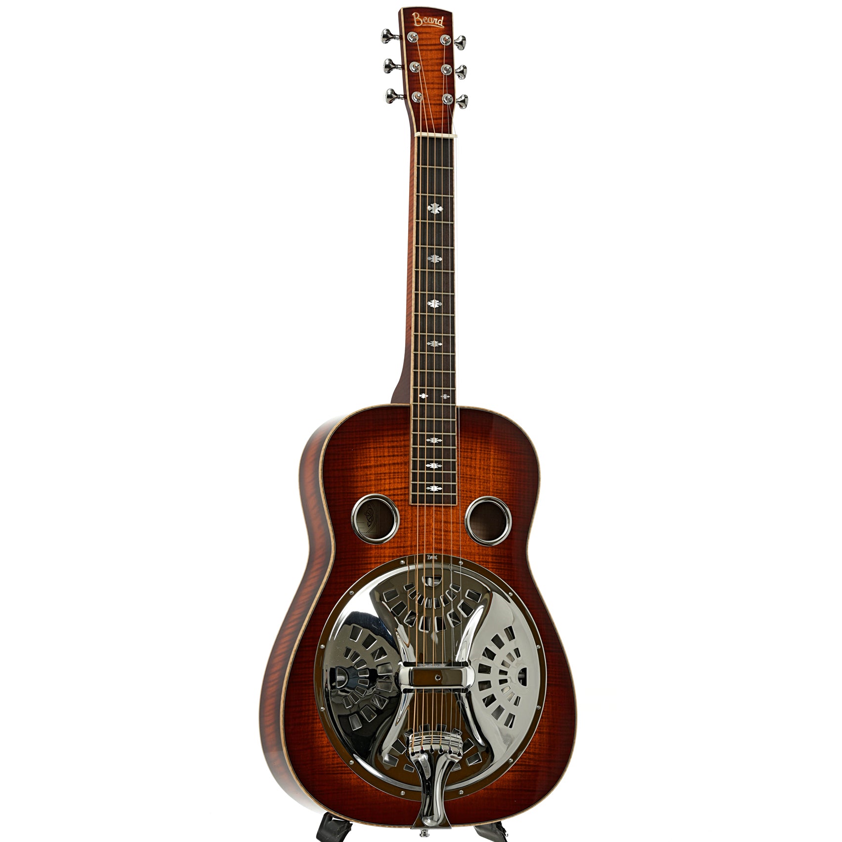 Full front and side of Beard Legacy E-Model Squareneck Resonator Guitar Amber Sunburst