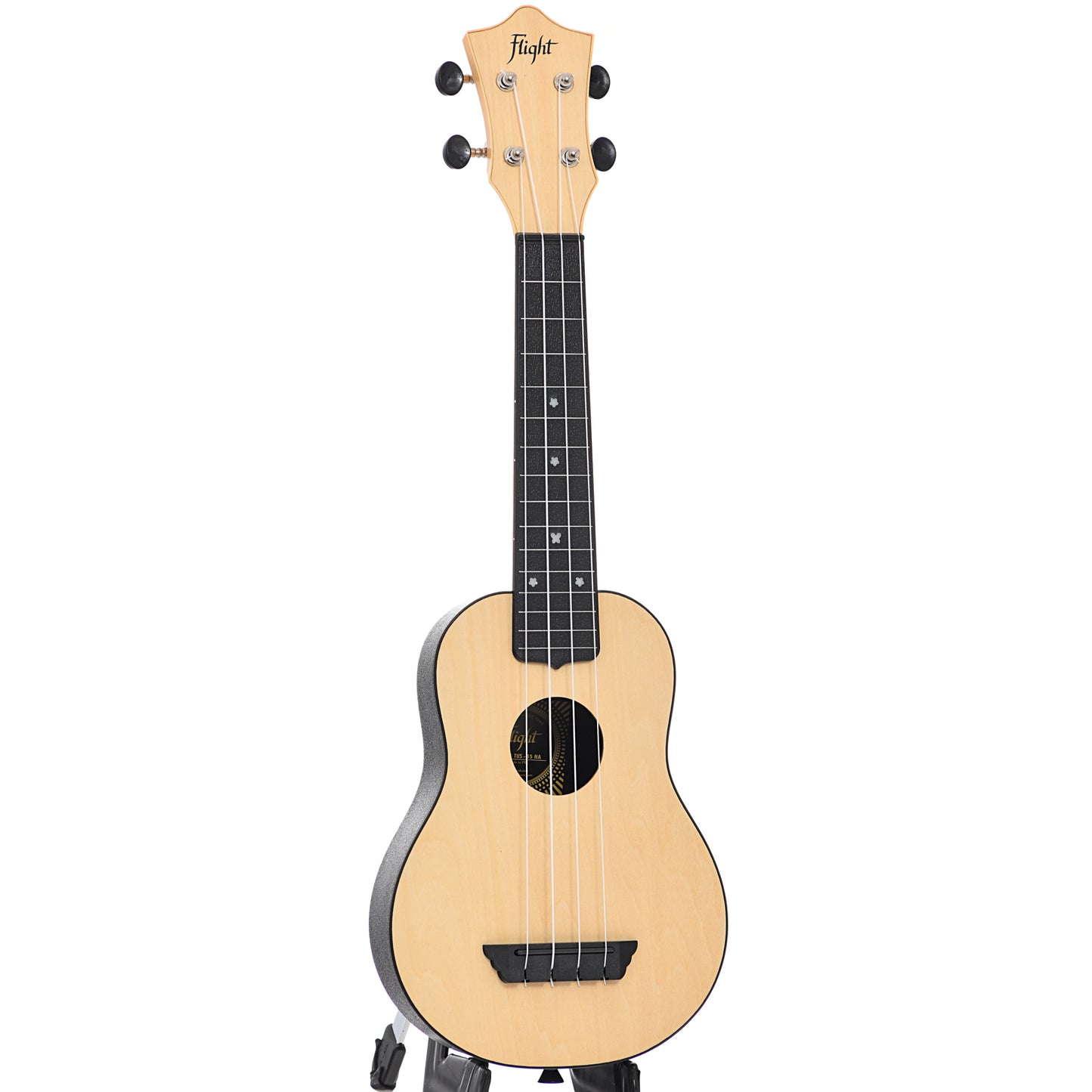 Full front and side of Flight TUS35 Travel Series Soprano Ukulele, Natural
