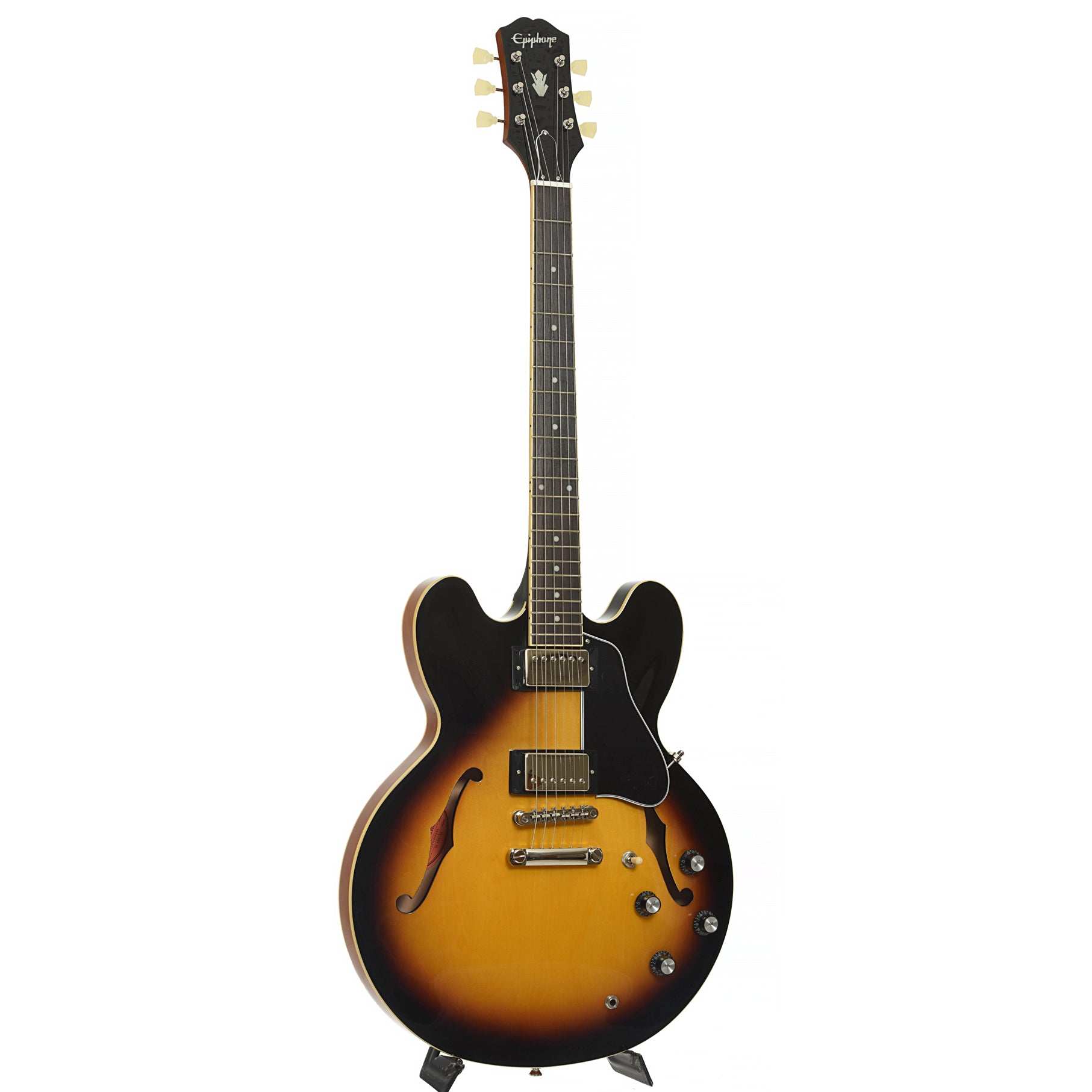 Full front and side of Epiphone ES-335 Semi-Hollowbody Electric Guitar, Vintage Sunburst