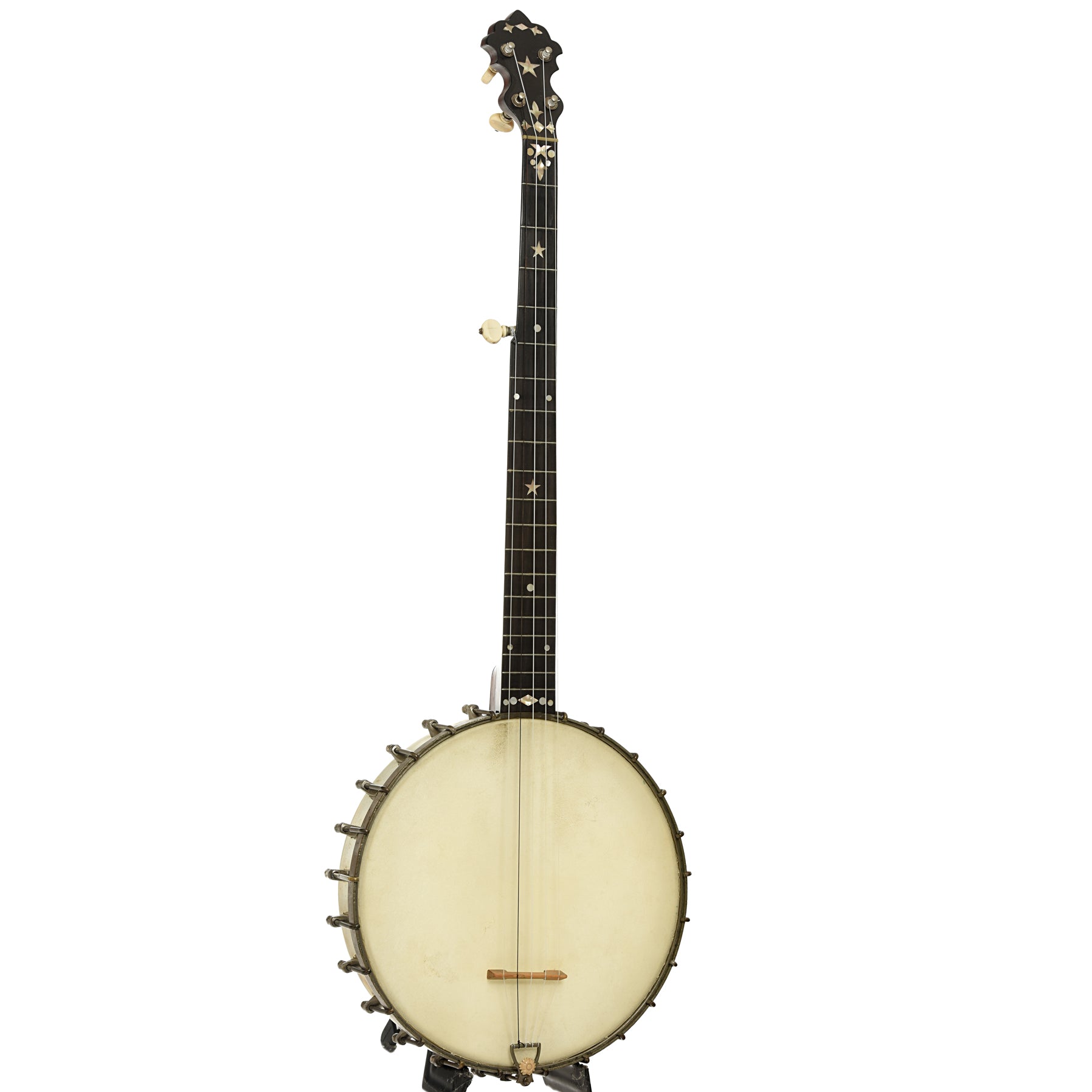 Full front and side of S.S. Stewart Champion No.1 Open Back Banjo 