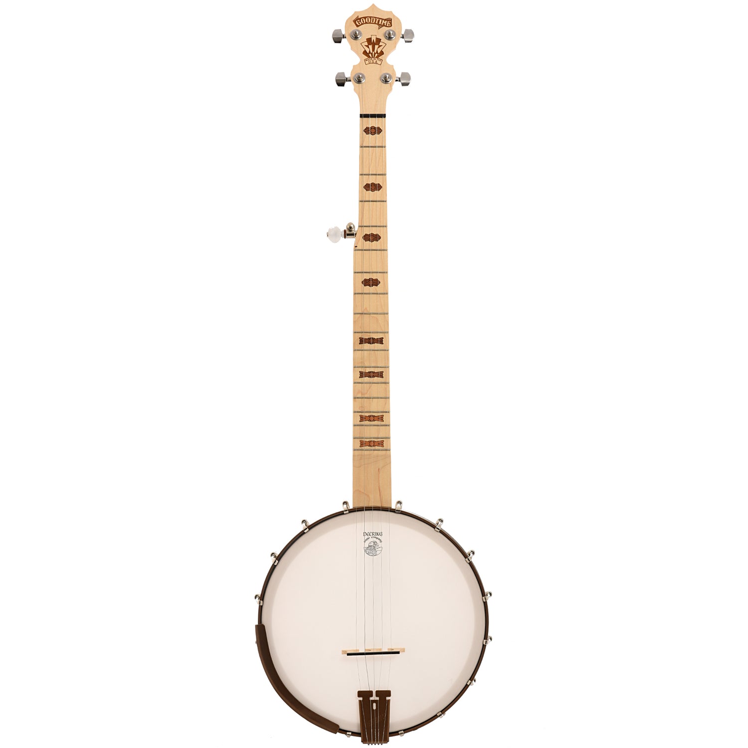 Full front of Deering Goodtime Deco Openback Banjo with Scooped Fretboard