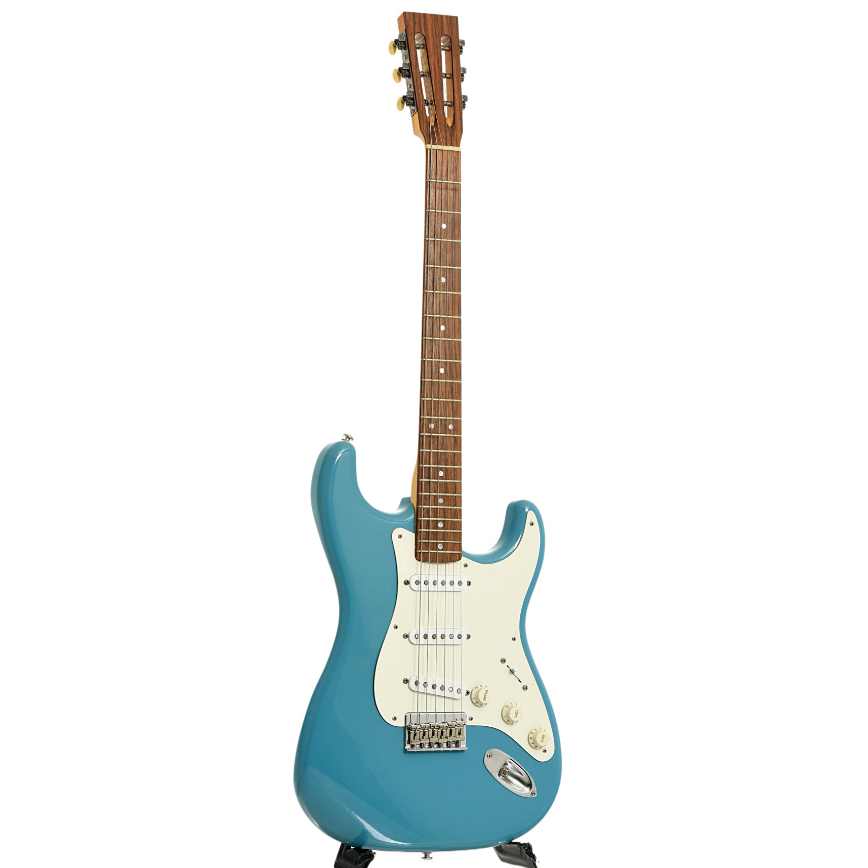 Full front and side of Specimen S-Style Guitar with Slotted Headstock