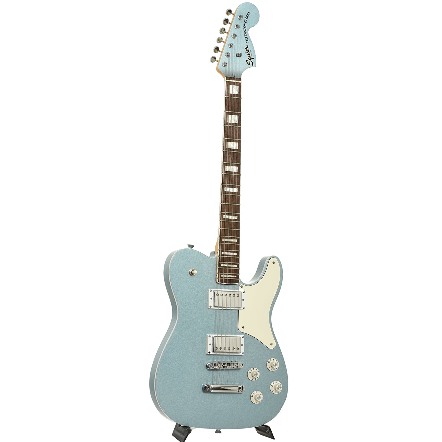 Full front and side of Squier Paranormal Troublemaker Telecaster Deluxe Electric Guitar