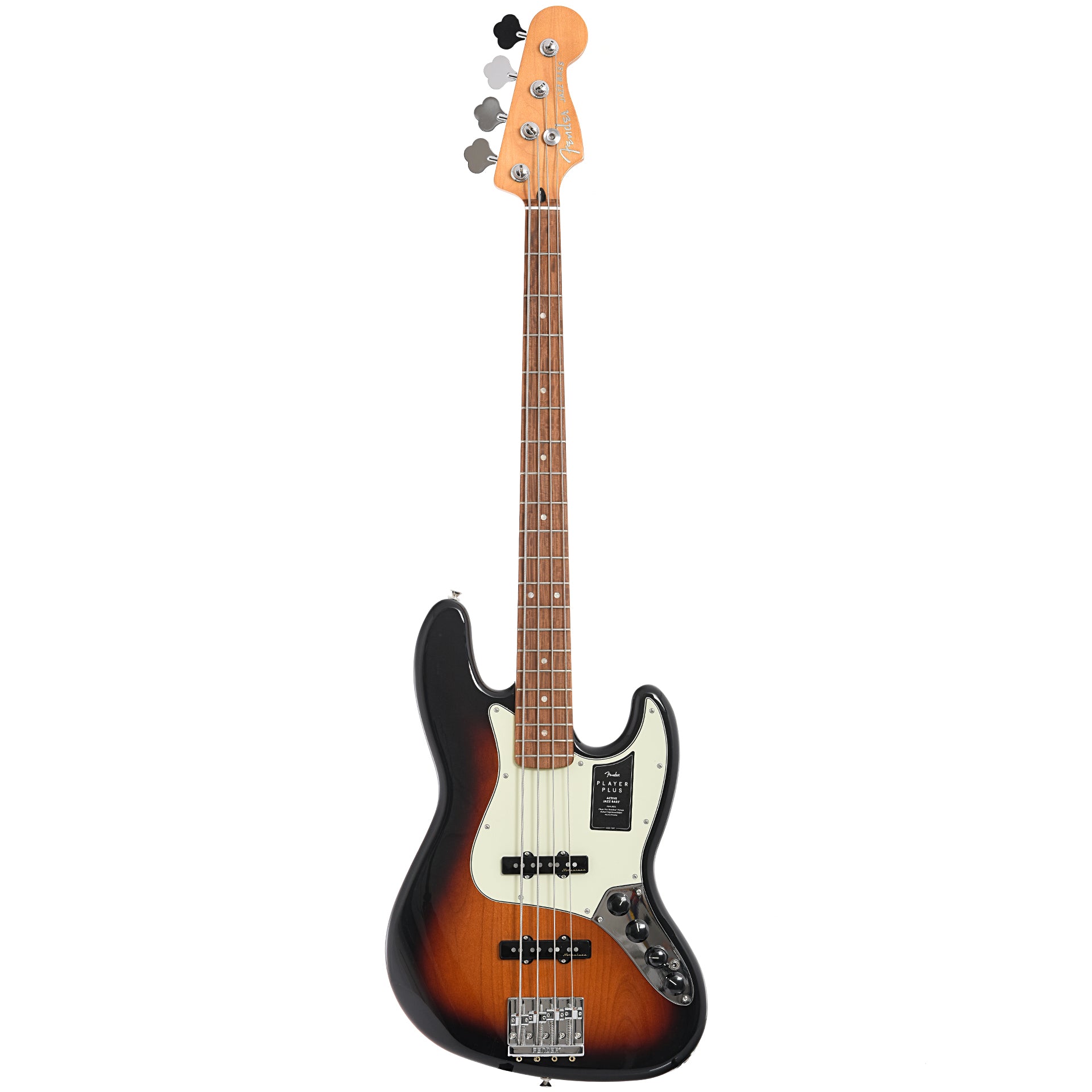 Full front of Fender Player Plus Jazz Bass, 3-Color Sunburst