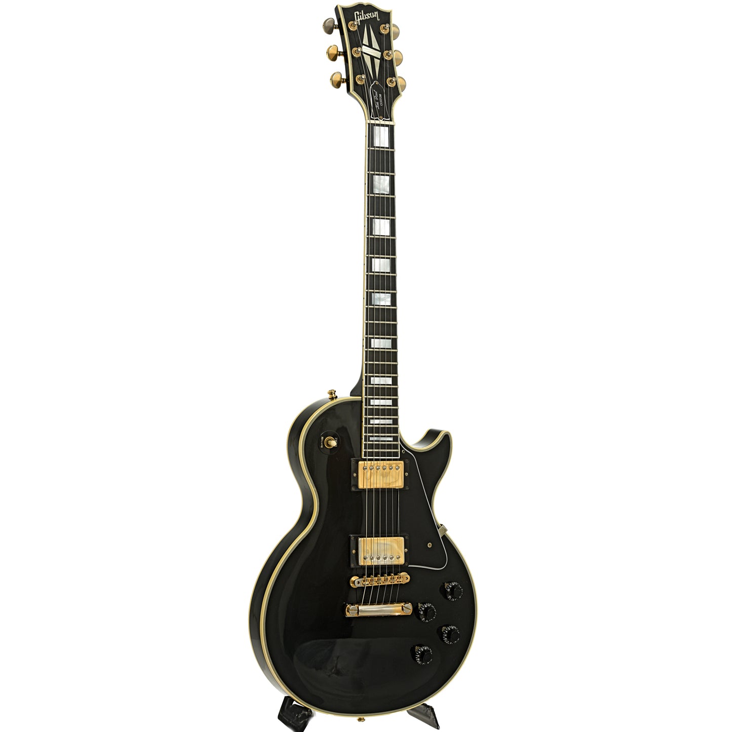 Full front and side of Gibson 1957 Reissue Black Beauty Les Paul Custom  Electric Guitar