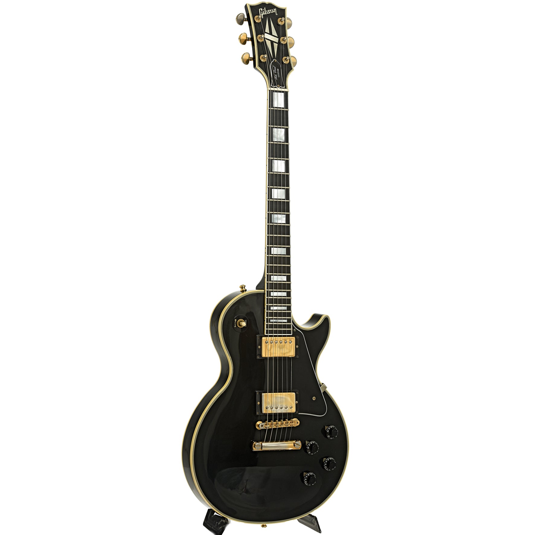 Full front and side of Gibson 1957 Reissue Black Beauty Les Paul Custom  Electric Guitar