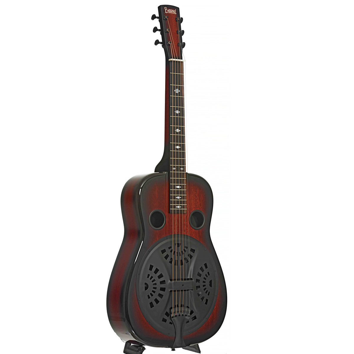 Full Front & Side of Beard Belle Squareneck Resonator Guitar & Case, Black Satin Hardware