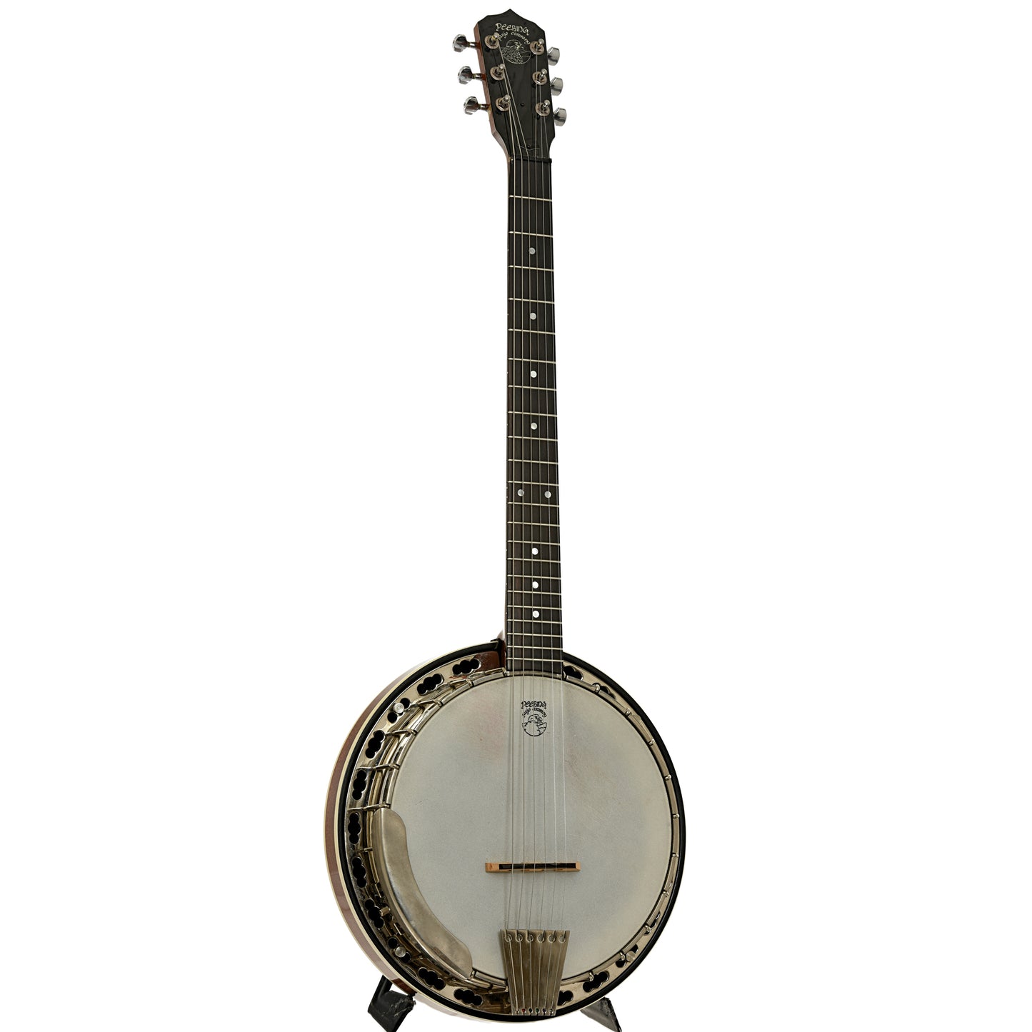 Full front and side of Deering Deluxe 6 Banjo Guitar