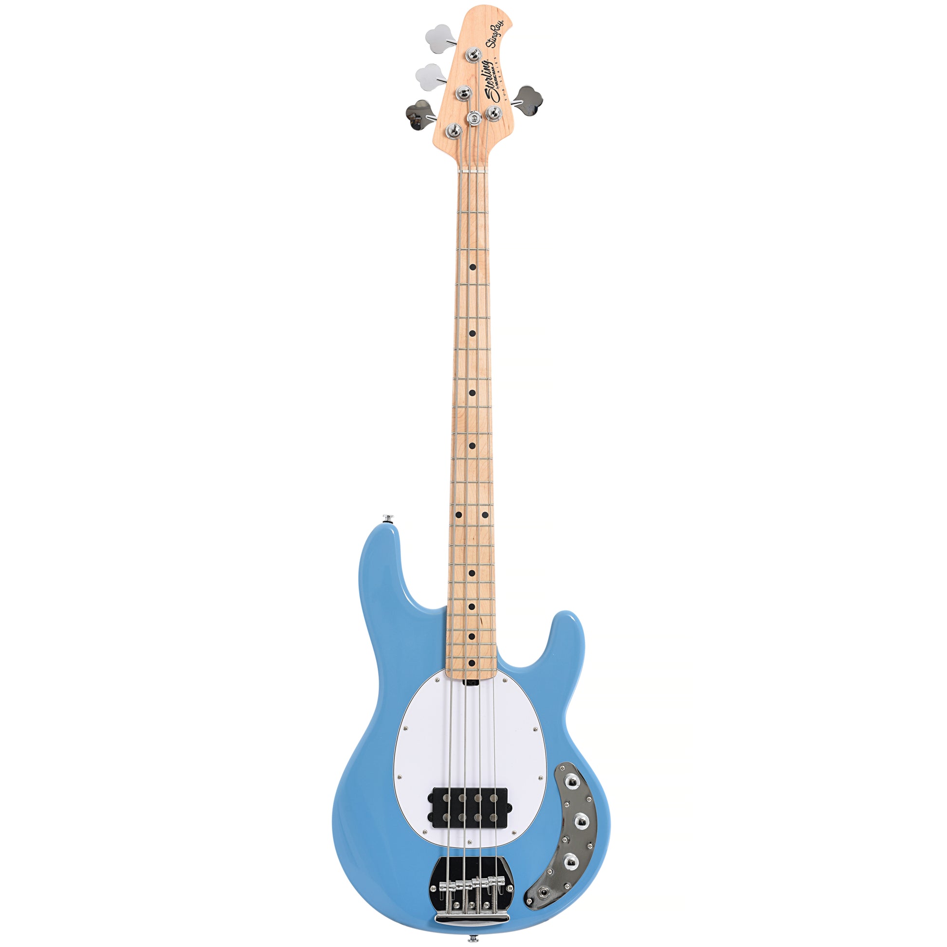 Full front of Sterling by Music Man RAY4 4-String Bass, Chopper Blue