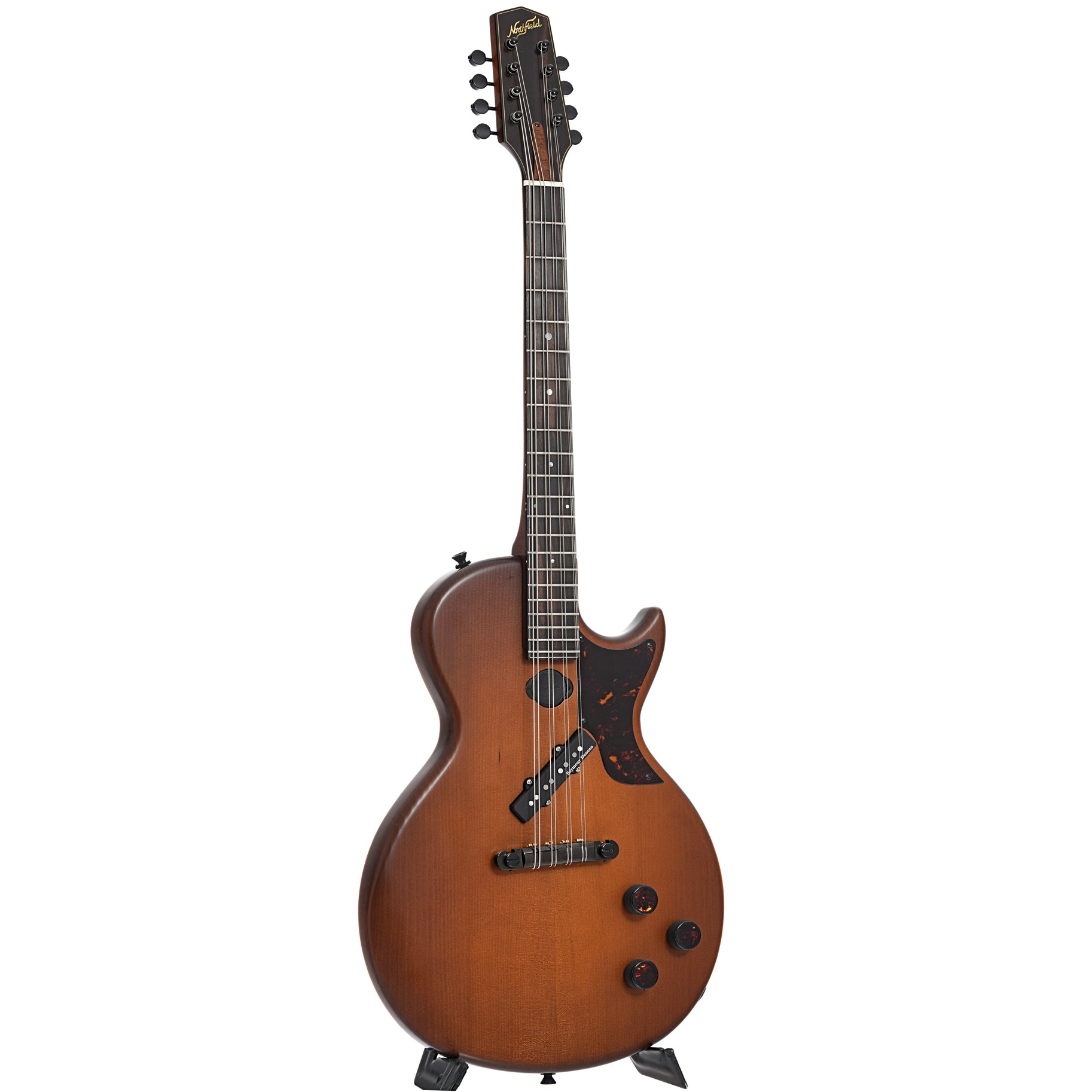 Full front and side of Northfield NFO-EL2 EleOcto Electric Octave Mandolin, Auburn Brown Finish  