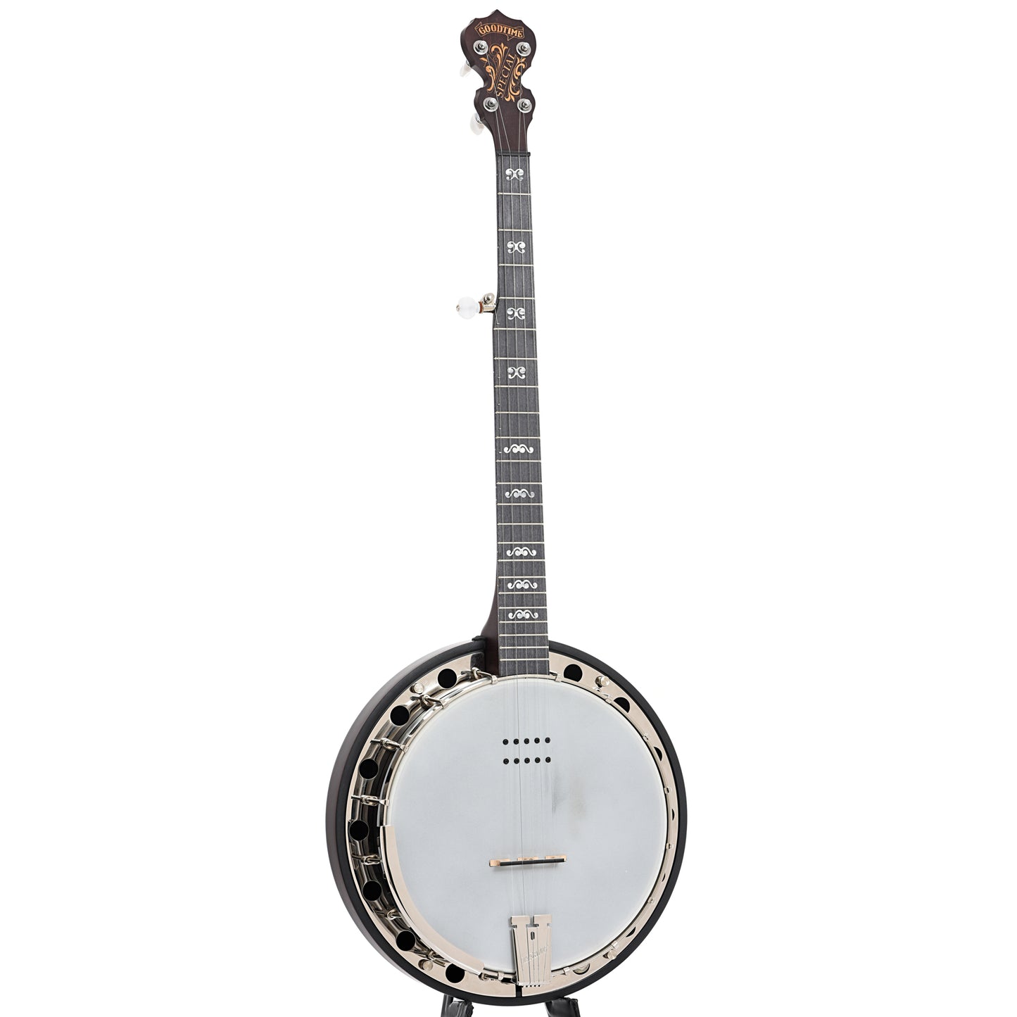 Full front and side of Deering Artisan Goodtime Special Resonator Banjo