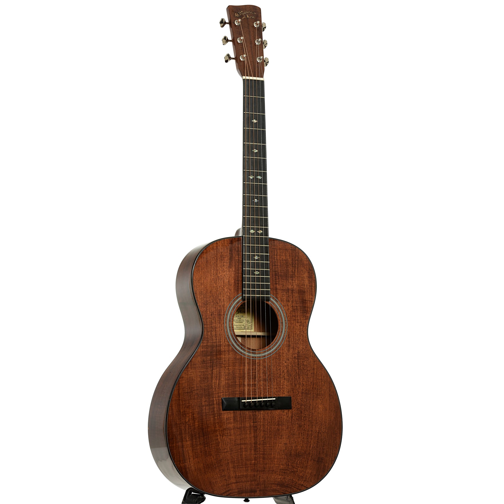 Full front and side of Recording King Koa 12-Fret 000 Acoustic Guitar 