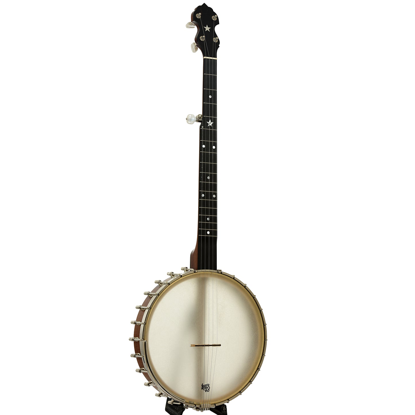 Full front and side of Bart Reiter Round Peak 12" Open Back Banjo