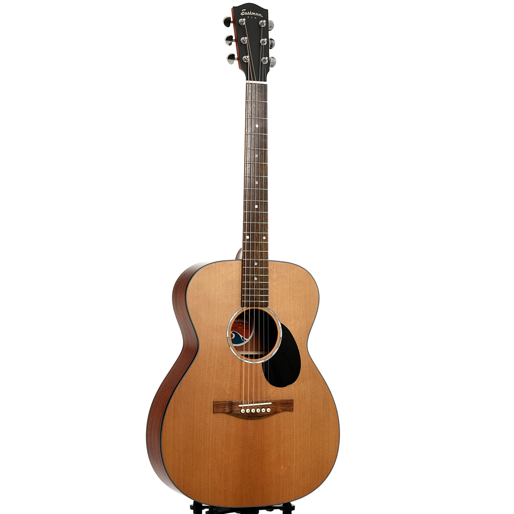 Full front and side of Eastman PCH1-OM "Pacifc Coast Highway" Acoustic Guitar & Gigbag, Natural Finish