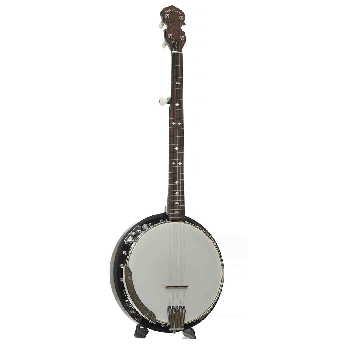 Full Front & Side of Gold Tone CC-100R+ Cripple Creek Acoustic-Electric Resonator Banjo & Gigbag