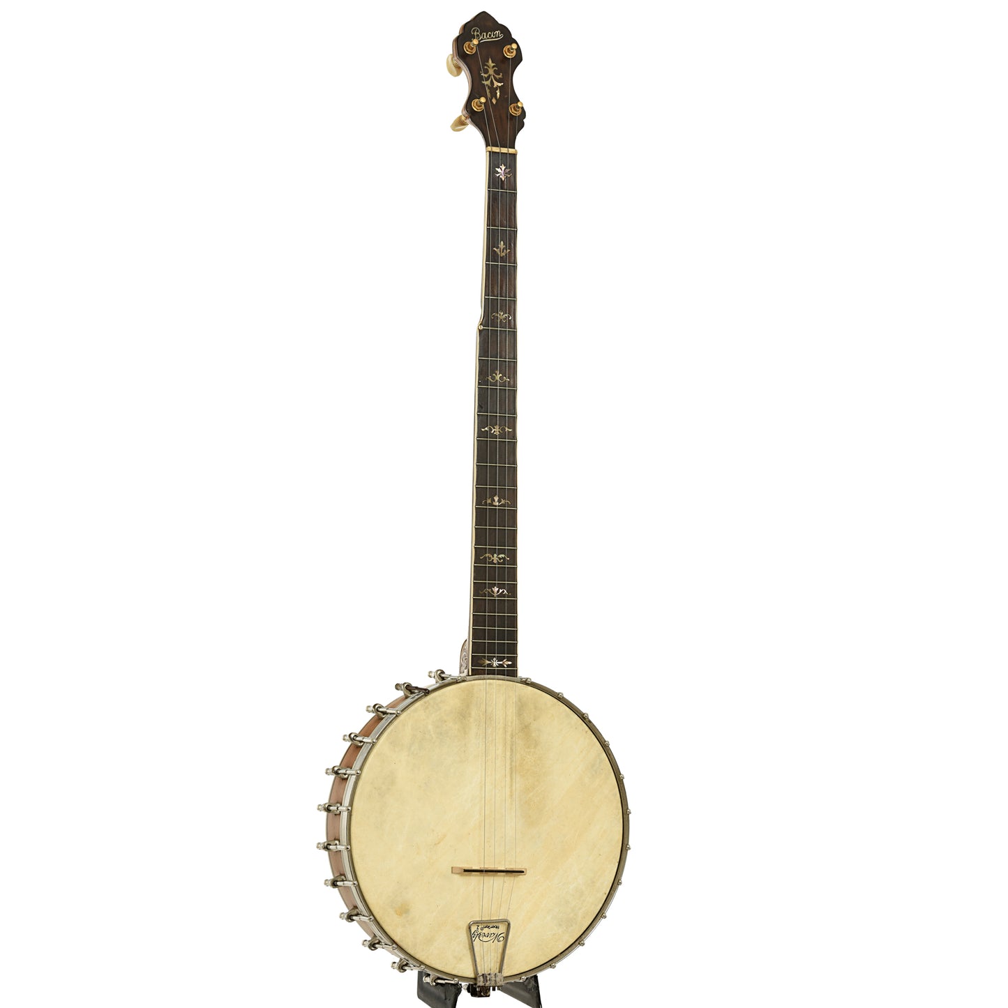 Full front and side of Bacon Special Grand Concert Open Back Banjo 