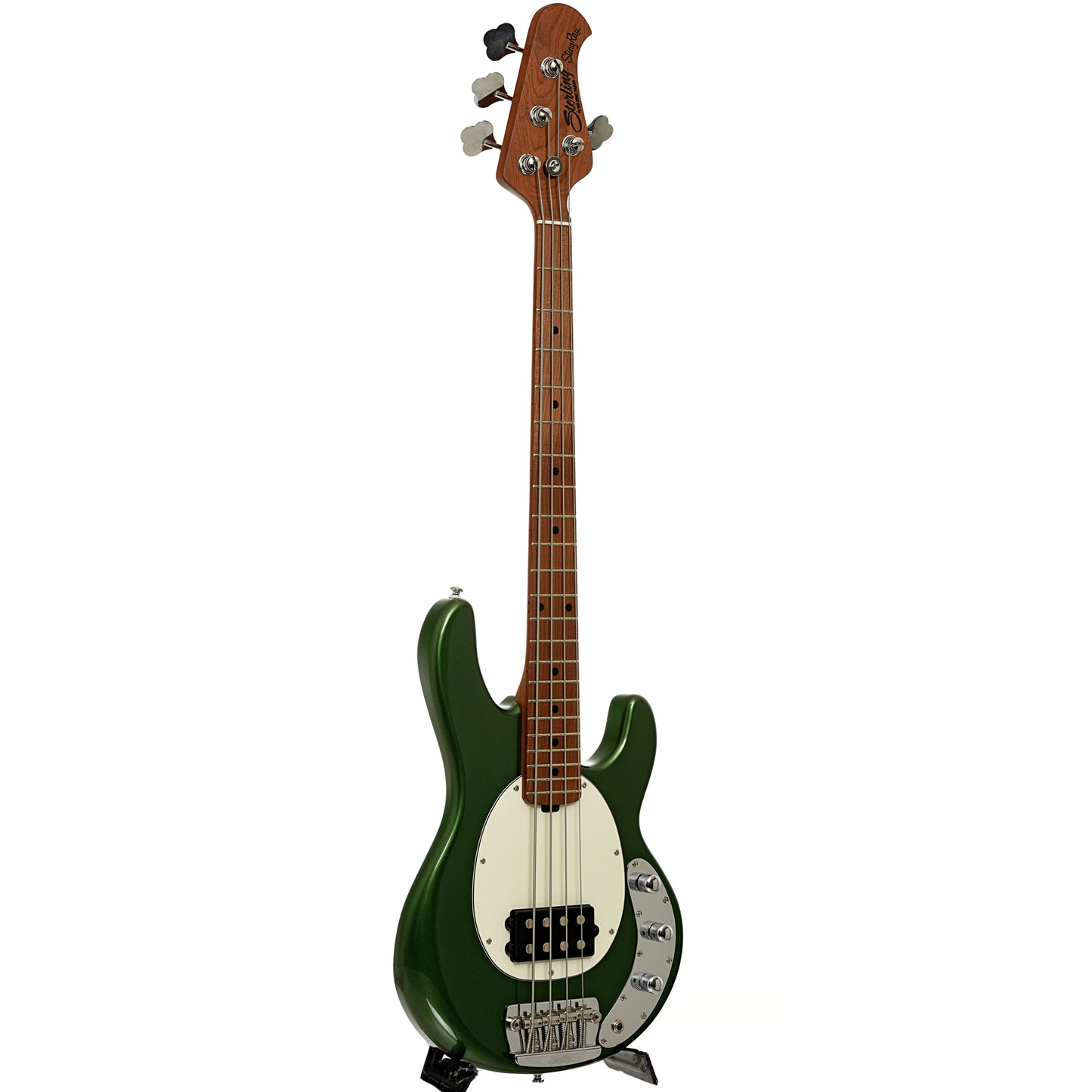 Full front and side of Sterling by Music Man Stingray Short Scale Electric Bass, Charging Green