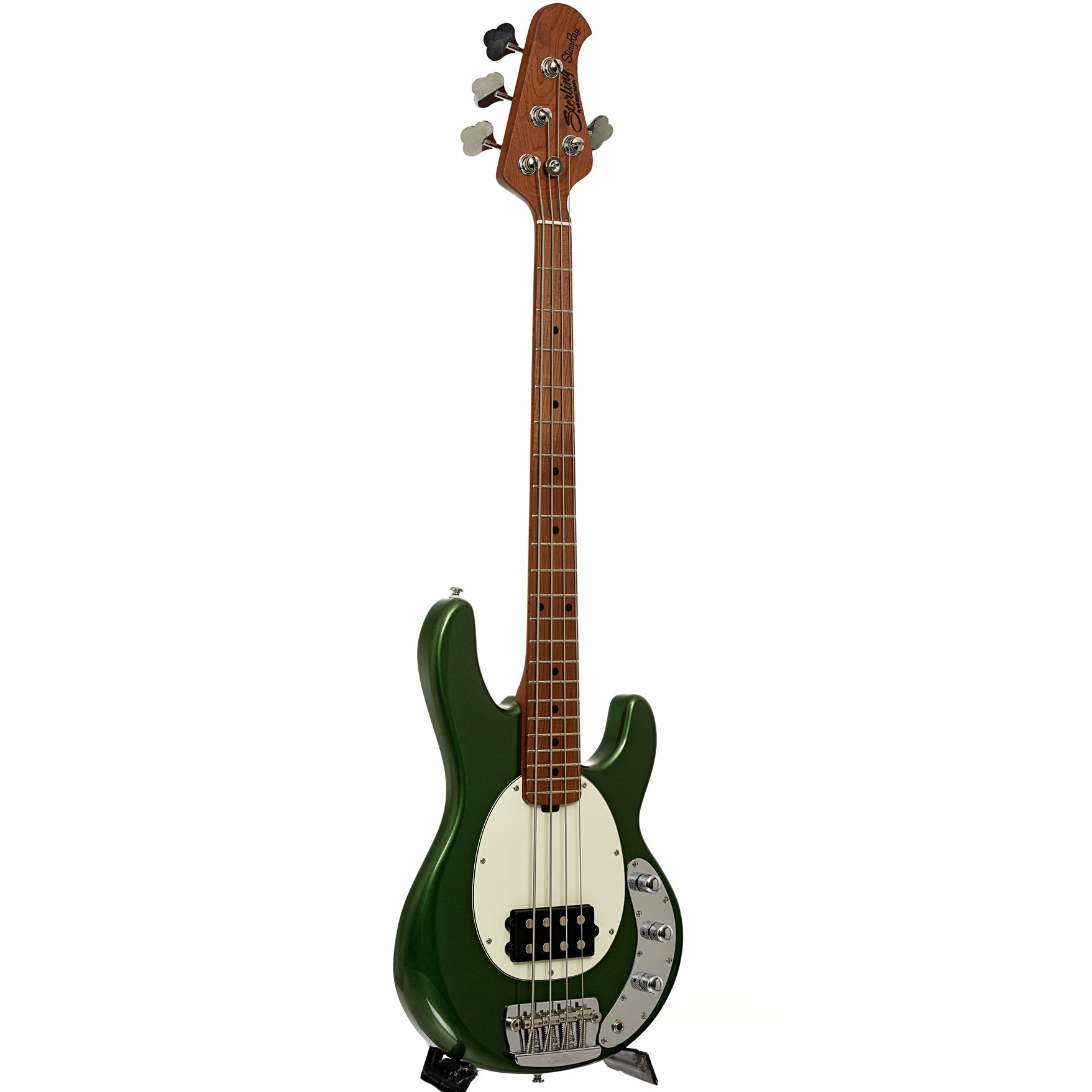 Full front and side of Sterling by Music Man Stingray Short Scale Electric Bass, Charging Green