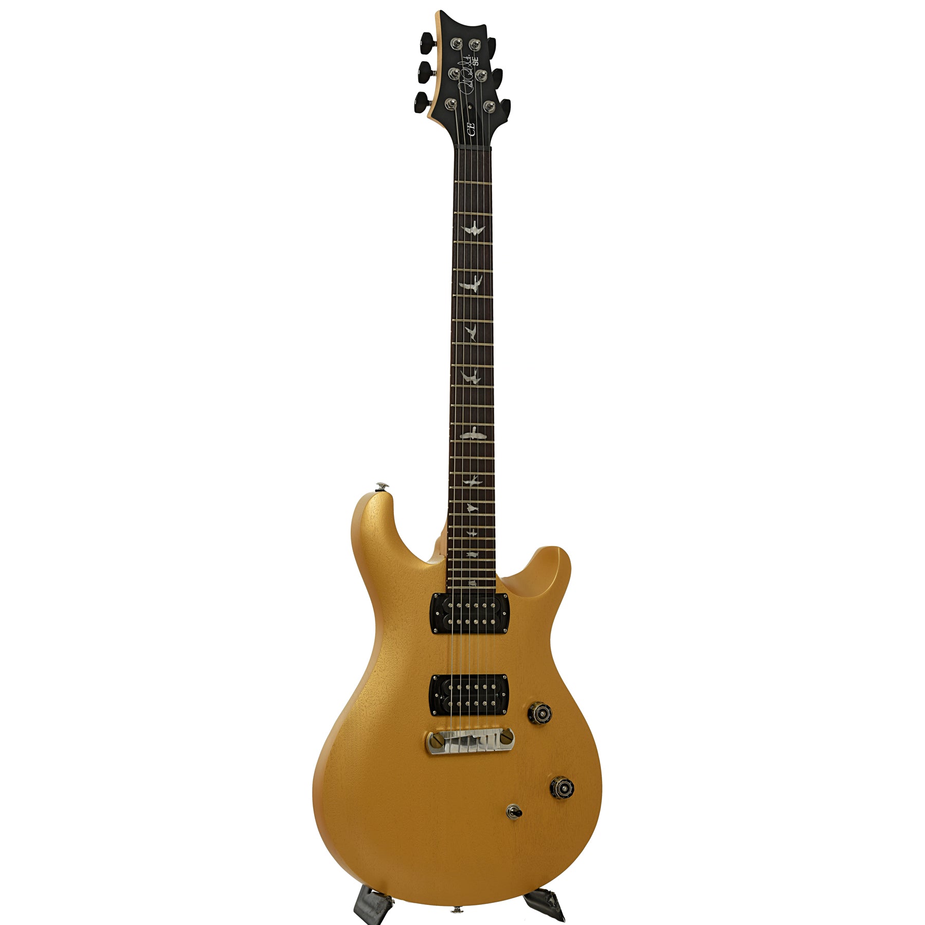 Full front and side of PRS SE CE 24 Standard Satin Stoptail Metallic Gold Electric Guitar
