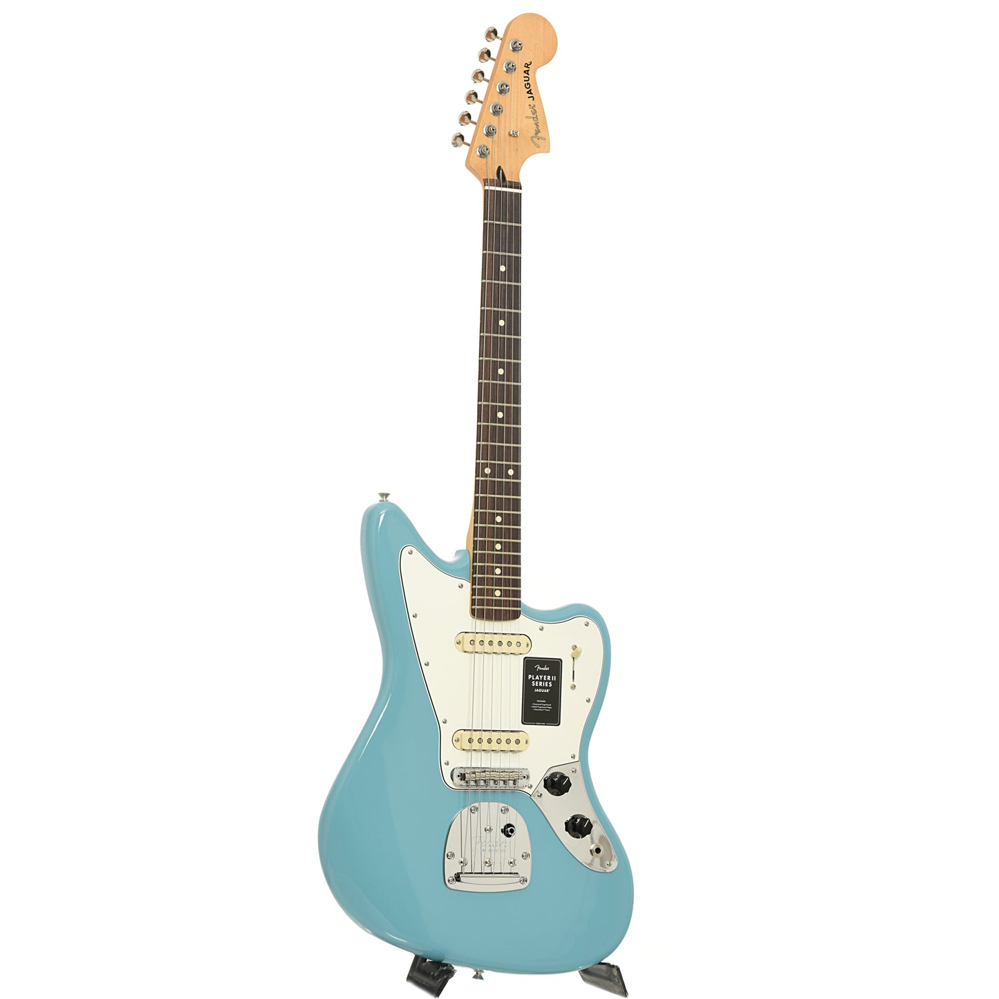 Full front and side of Fender Player II Jaguar Electric Guitar, Aquatone Blue 