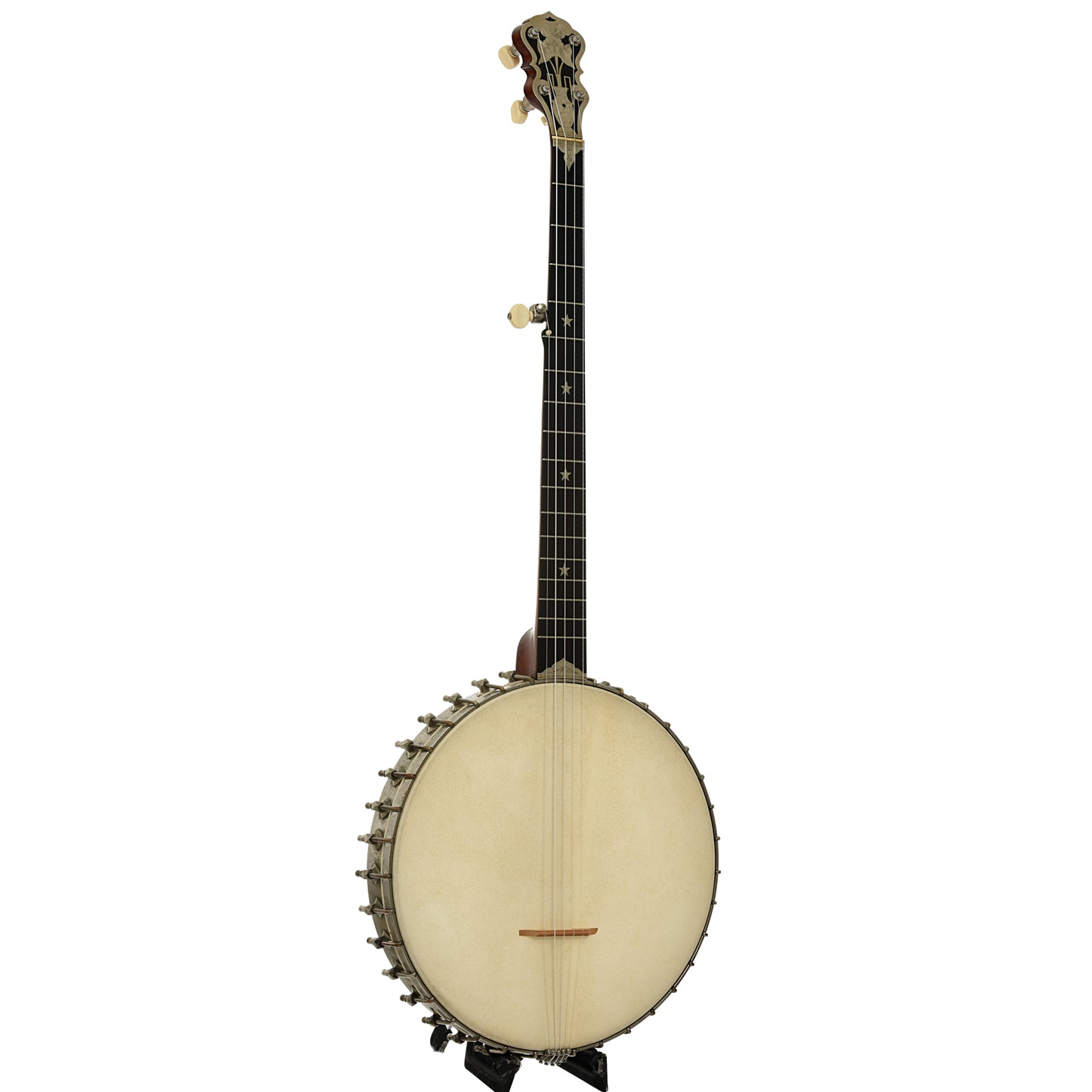 Full front and side of Victor Kraske Baxter's Model Open Back Banjo