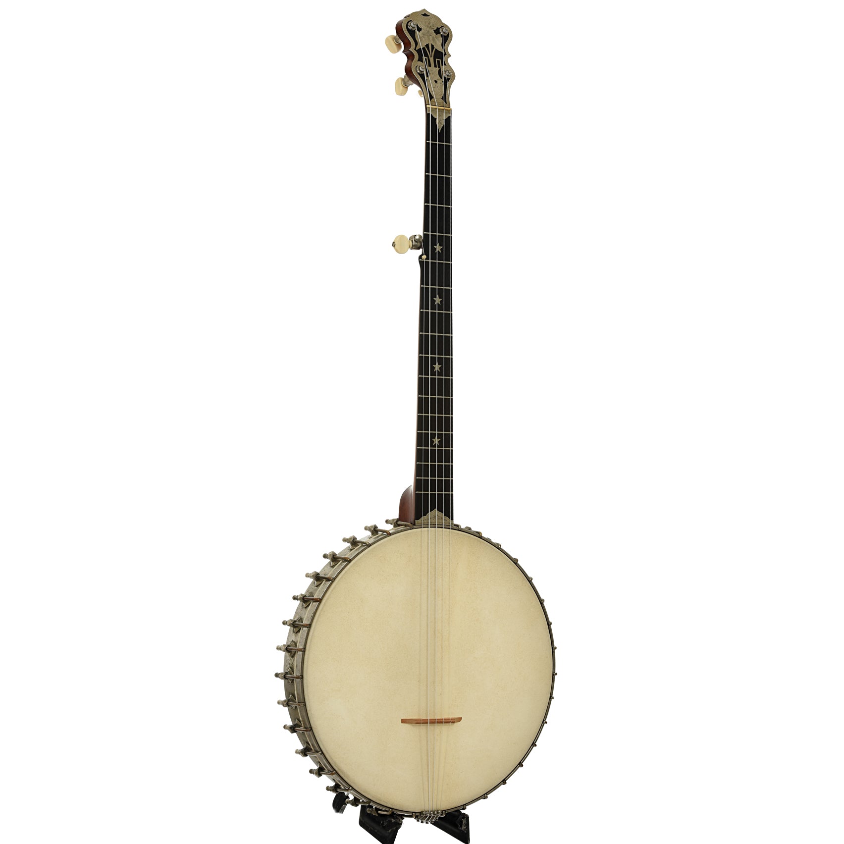 Full front and side of Victor Kraske Baxter's Model Open Back Banjo