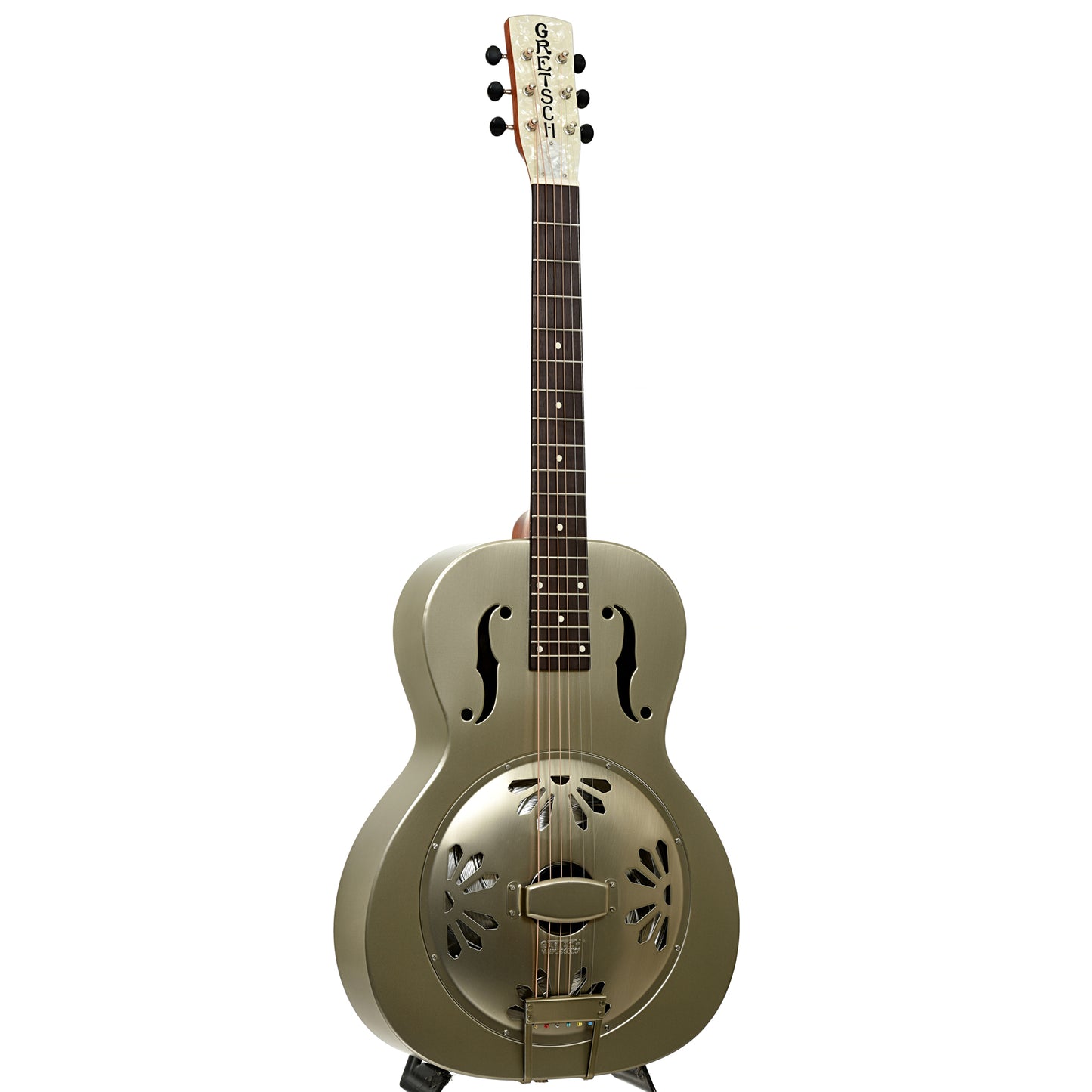 Full front and side of Gretsch G9201 Honey Dipper Round-Neck Resonator Acoustic Guitar