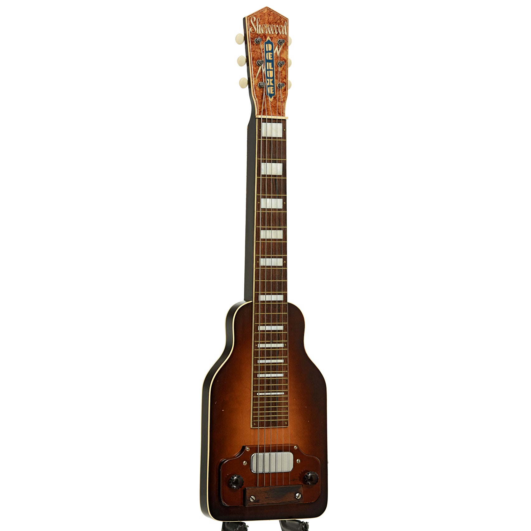 Full front and side of Sherwood Deluxe Lap Steel Guitar 