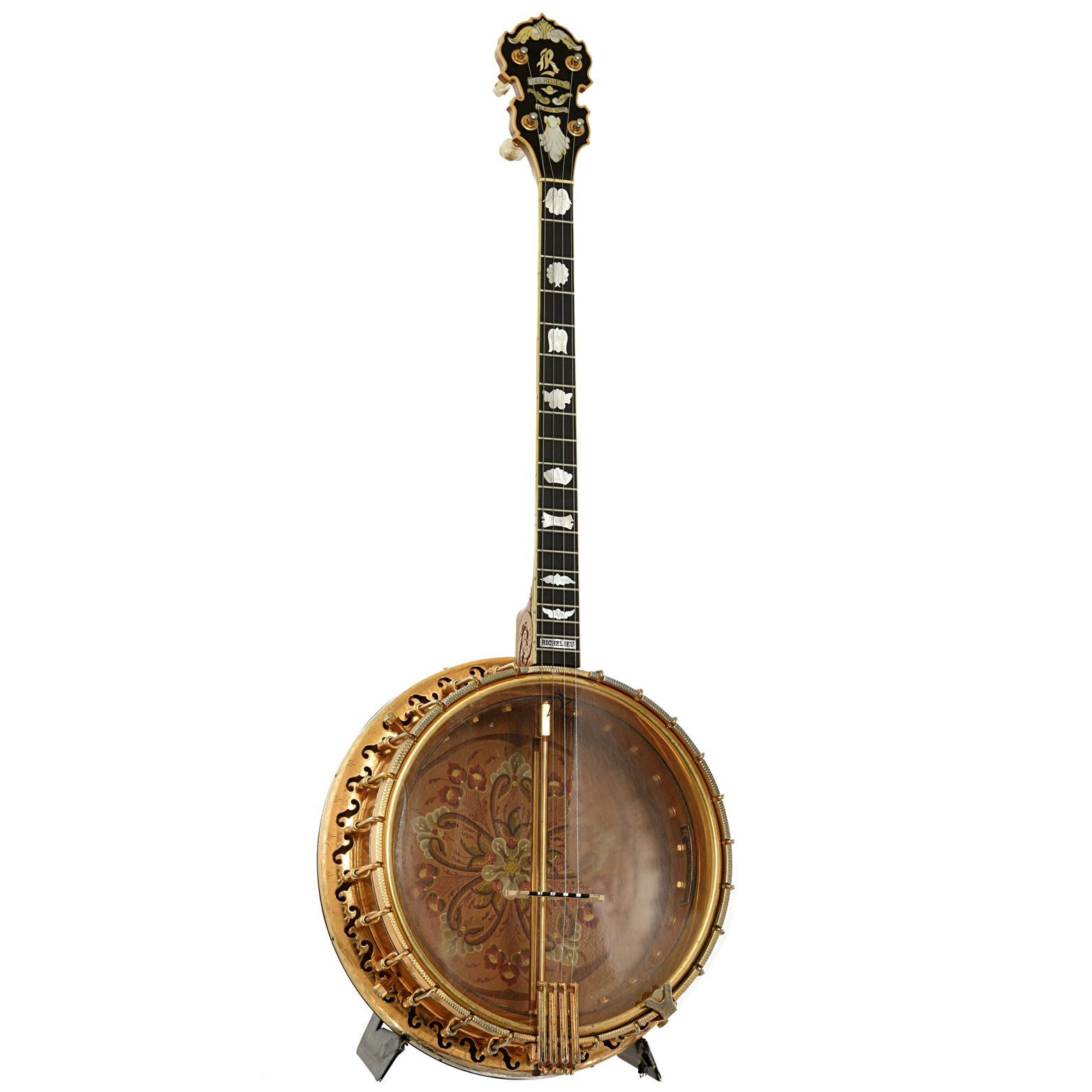 Full front and side of Richelieu Ne Plus Ultra 4261-GB Tenor Banjo 