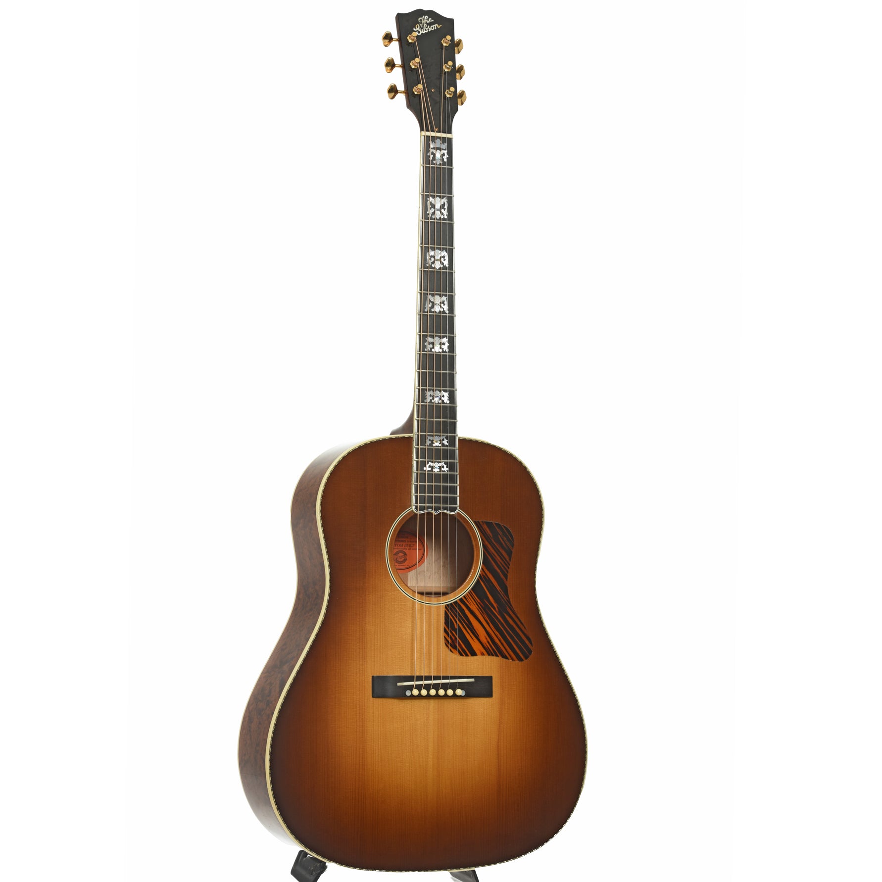 Full front and side of Gibson Birdseye Maple Advanced Jumbo Acoustic Guitar