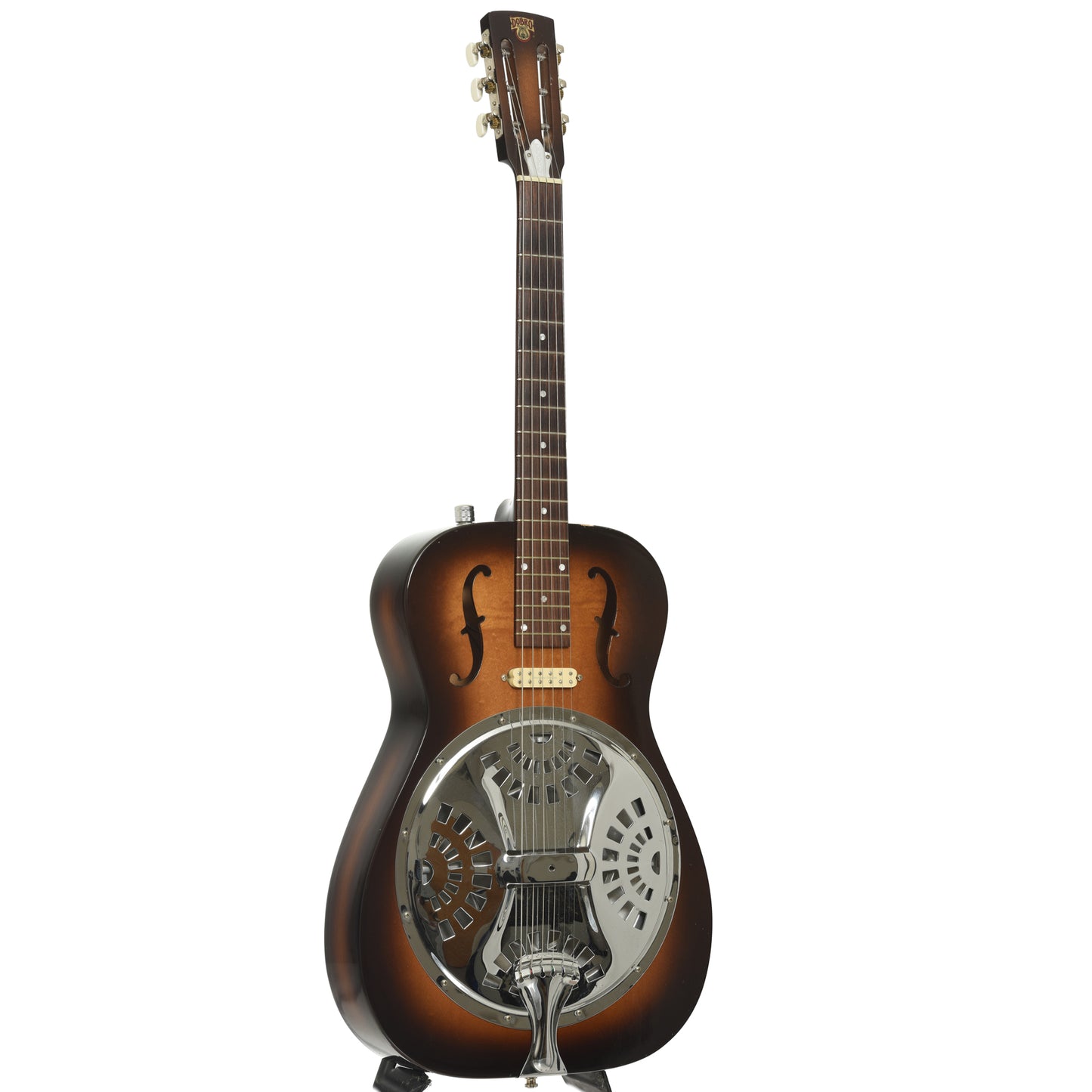 Full front and side of Dobro F-60 Roundneck Resonator Guitar 