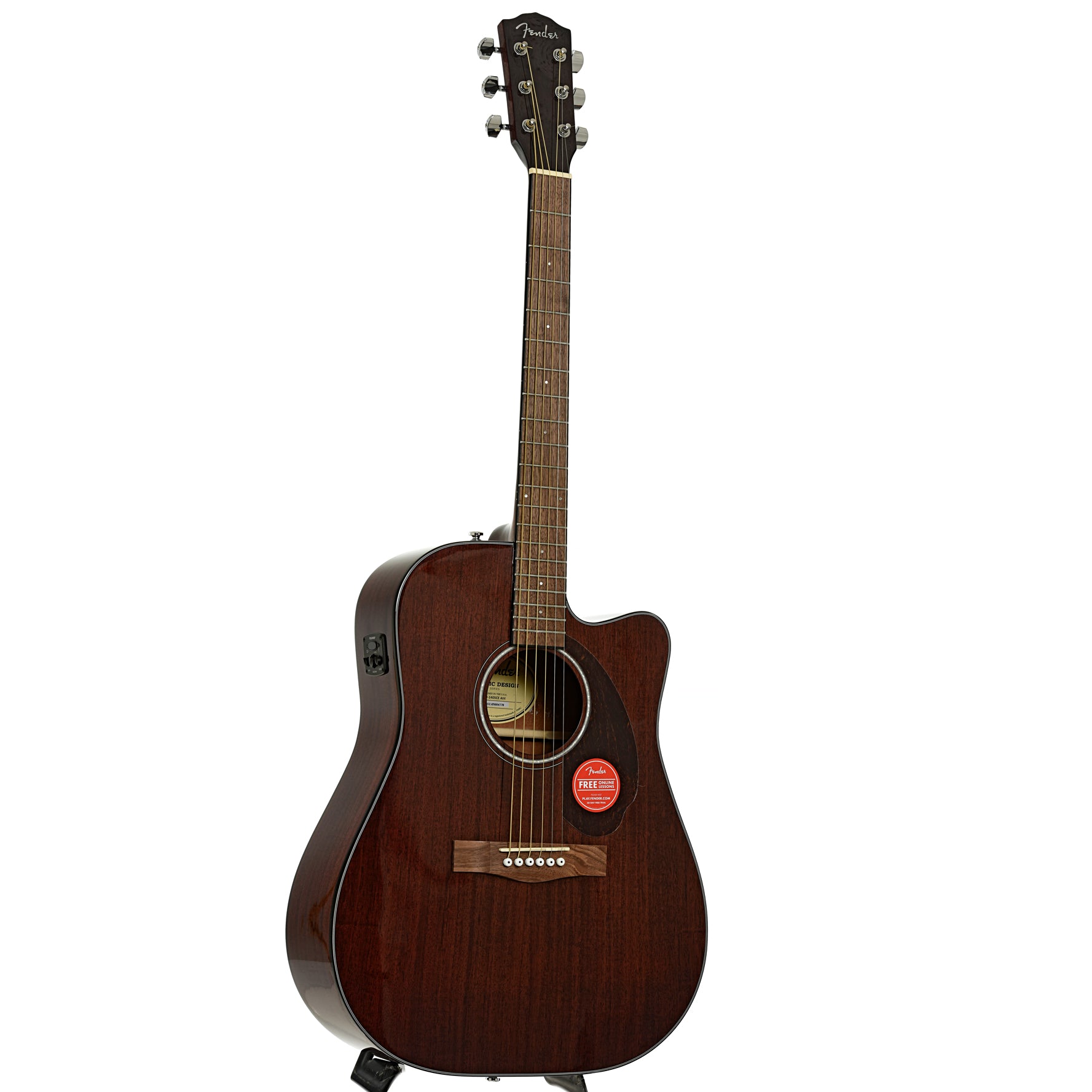 Full front and side of Fender CD-140SCE All-Mahogany Dreadnought Acoustic Guitar