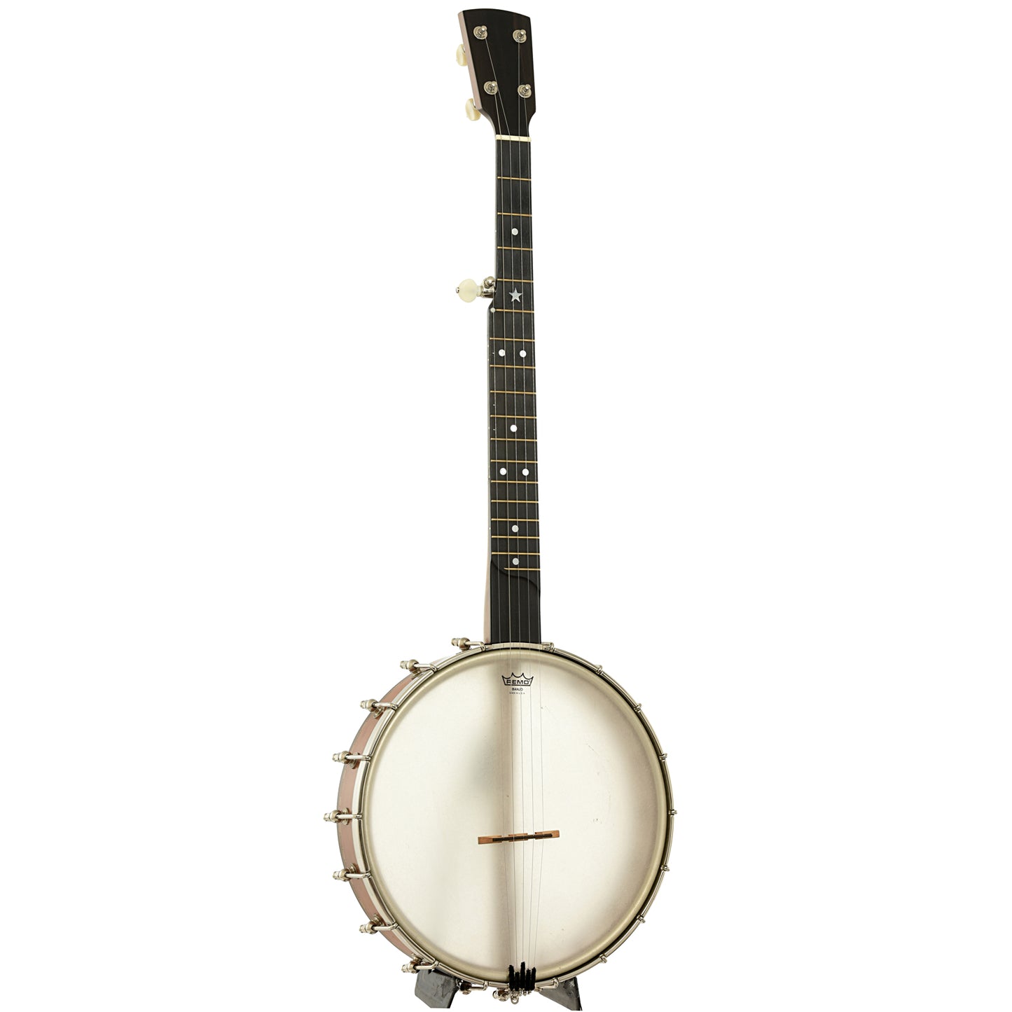 Full front and side of Rickard Dobson 12" Custom Open Back Banjo