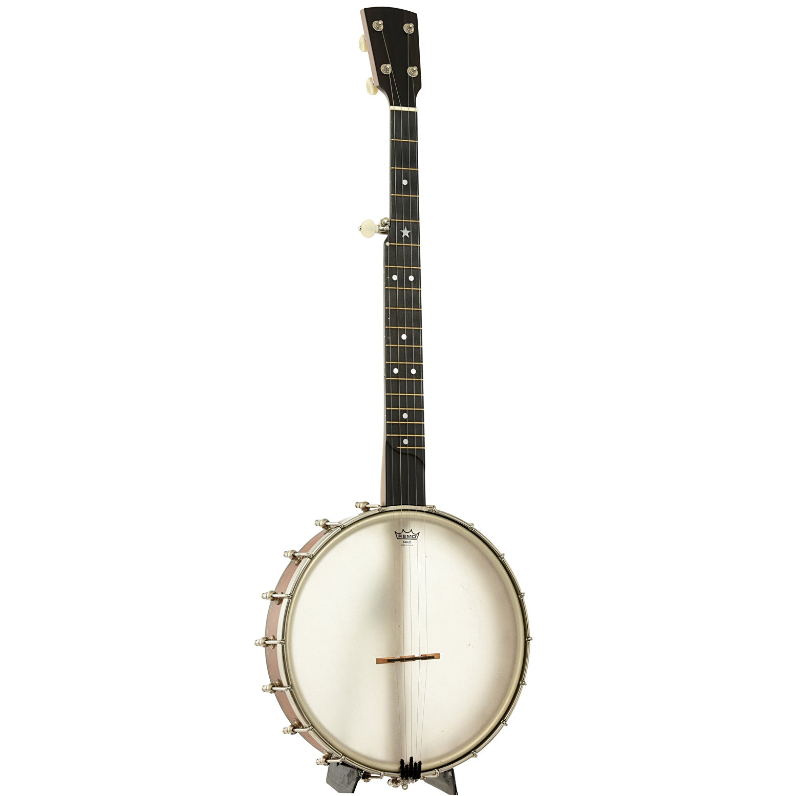 Full front and side of Rickard Dobson 12" Custom Open Back Banjo