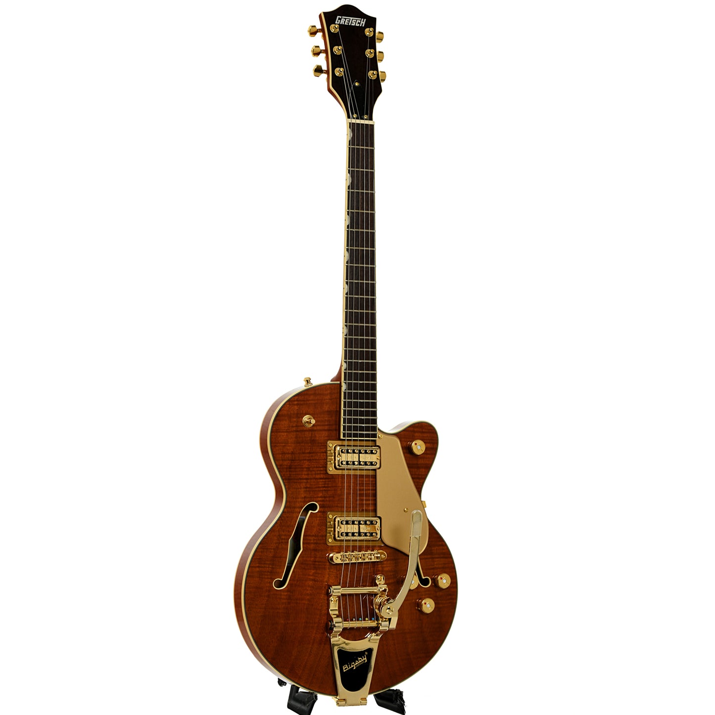 Full front and side of Gretsch Electromatic LTD Flame Okoume Broadkaster Jr. Single-Cut with Bigsby, Roundup Orange