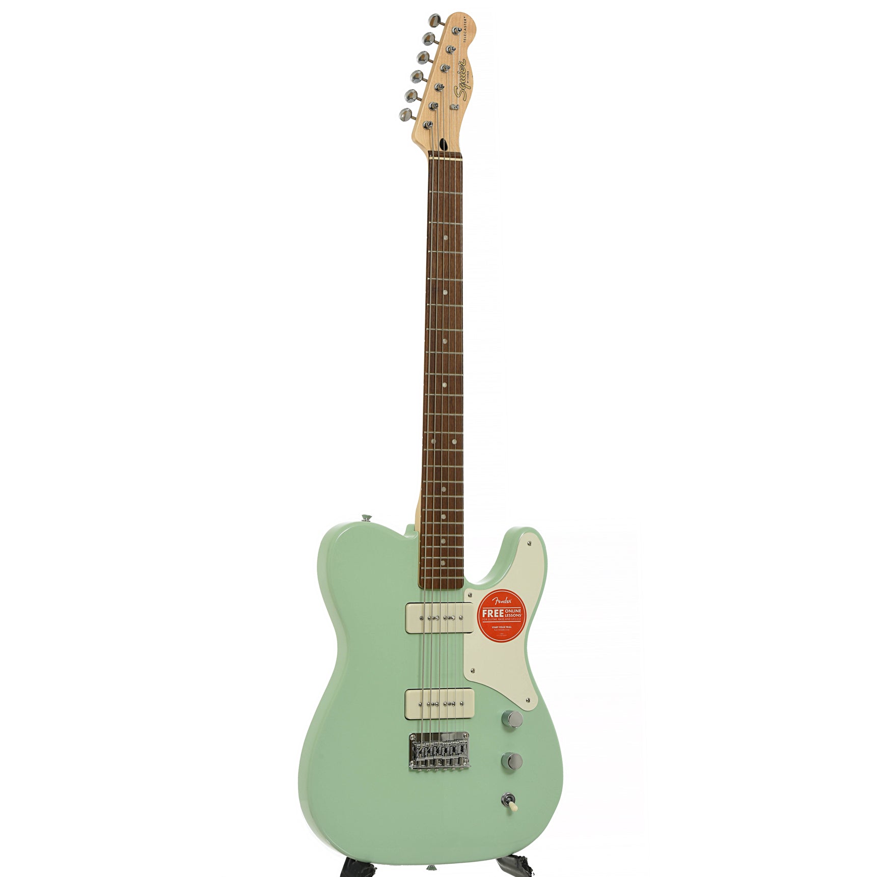 Full front and side of Fender Squier Paranormal Baritone Cabronita Telecaster Electric Guitar