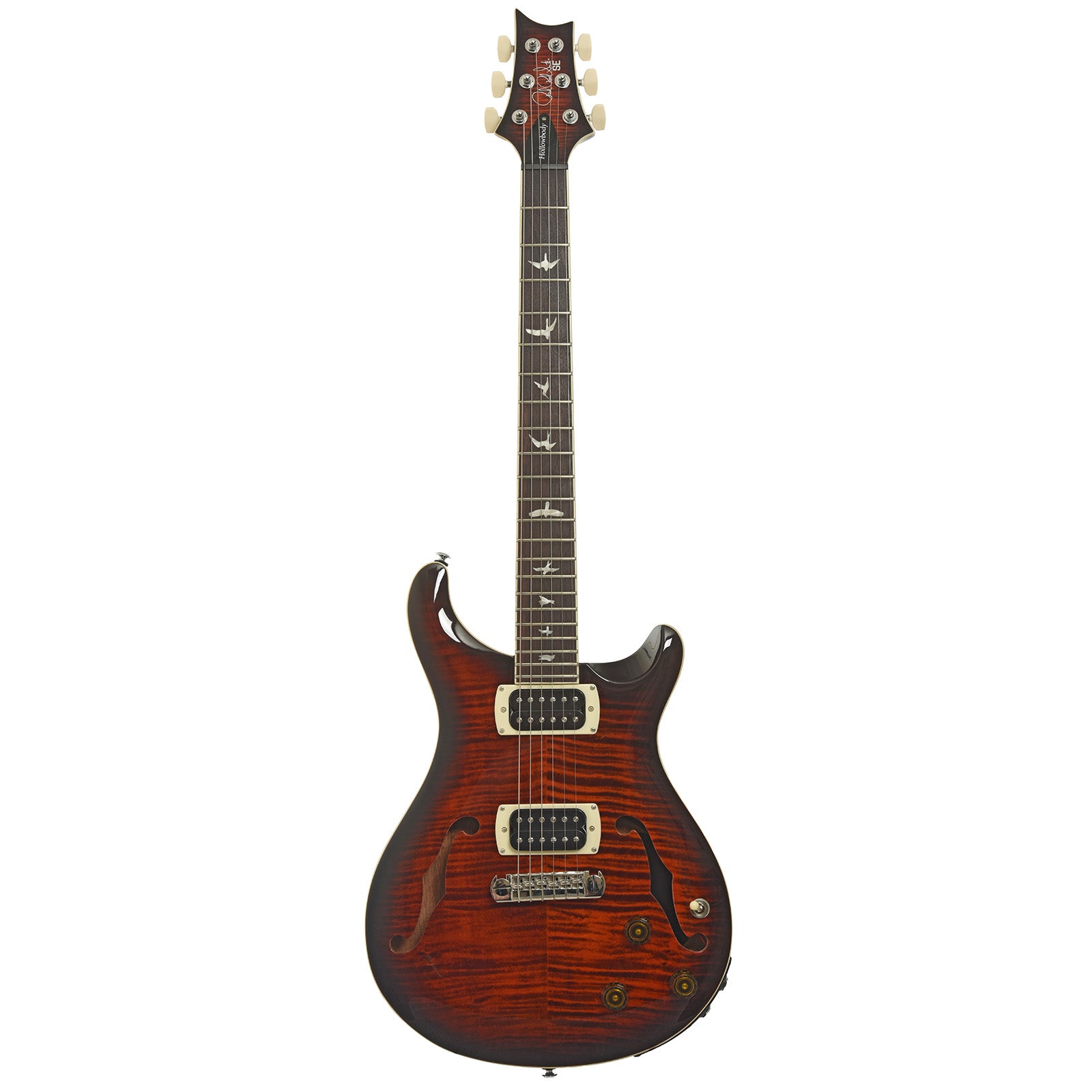 Full front of PRS SE Hollowbody I Piezo Electric Guitar, Orange Tiger Smokeburst