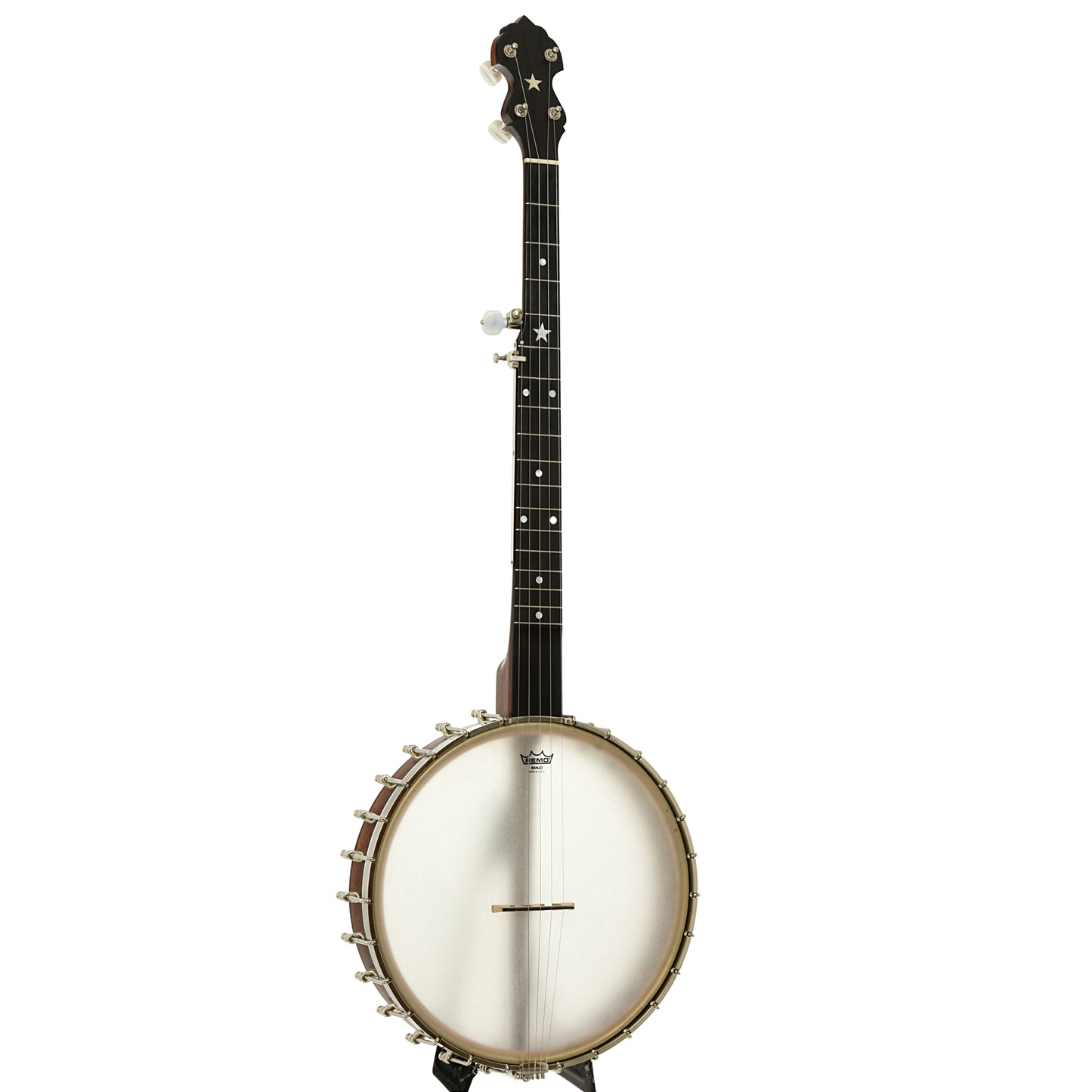 Full front and side of  Bart Reiter Round Peak Open Back Banjo