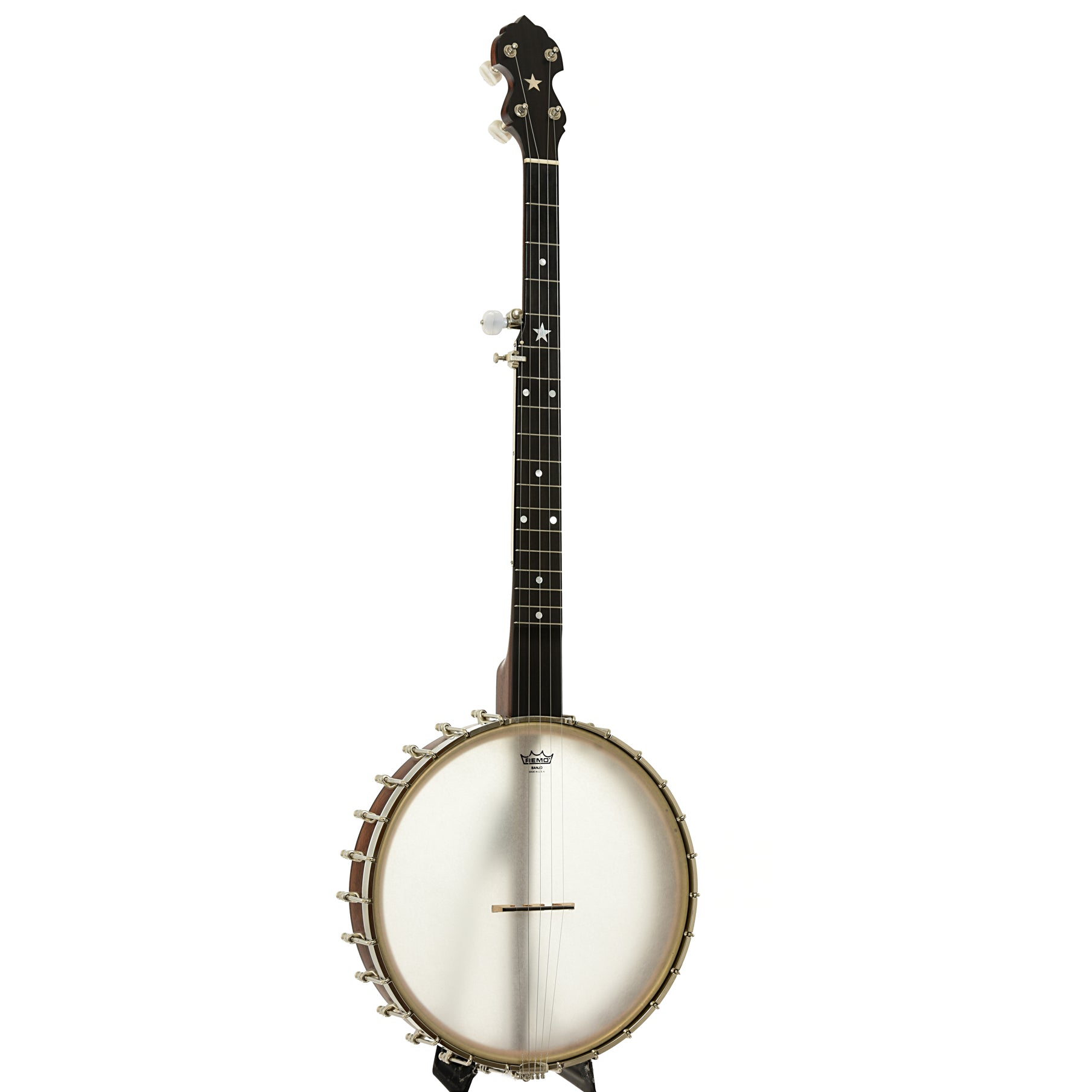 Full front and side of  Bart Reiter Round Peak Open Back Banjo