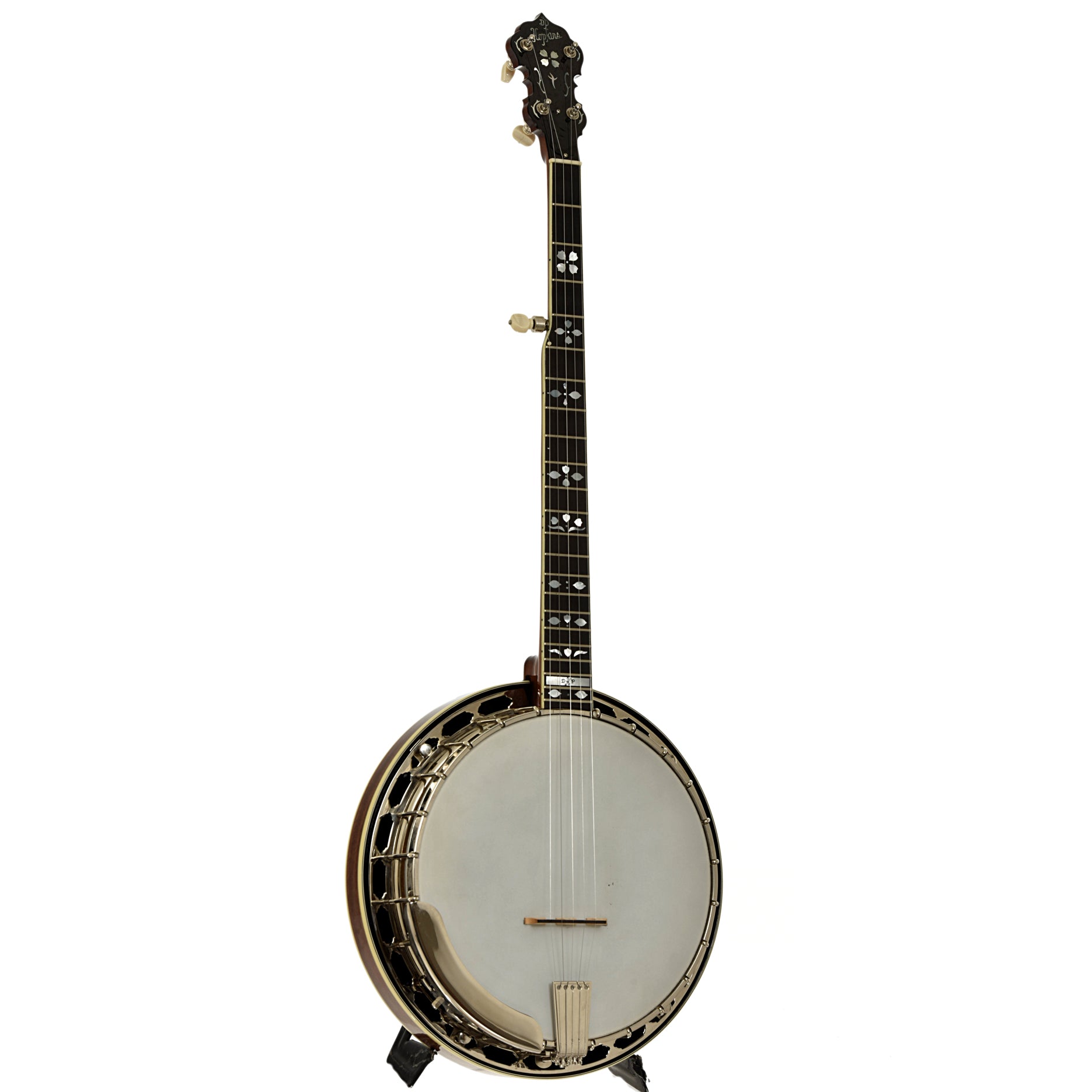 Full front and side of DP Hopkins Janice Martin Resonator Banjo