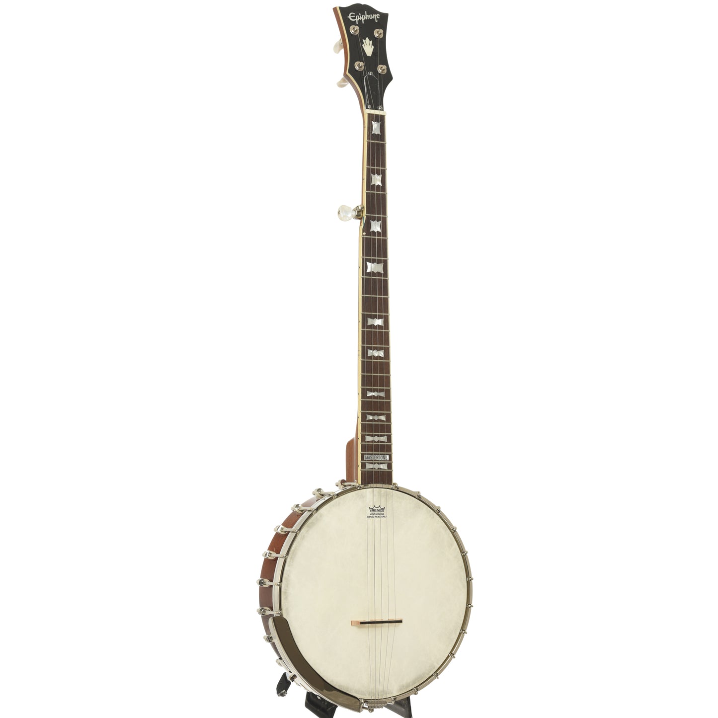 Full front and side of Epiphone Mastertone Bowtie Openback Banjo 