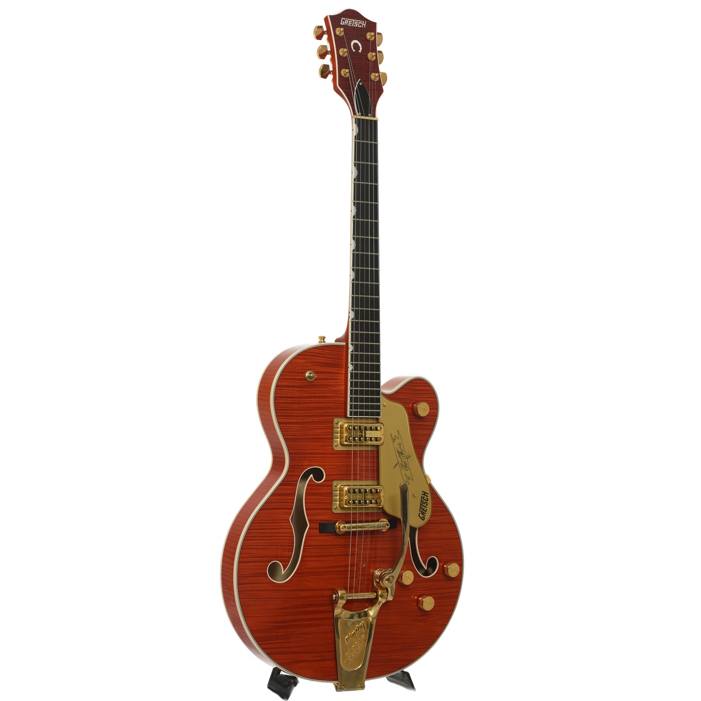 Full front and side of Gretsch G6120TFM Players Edition Nashville Hollowbody Electric Guitar